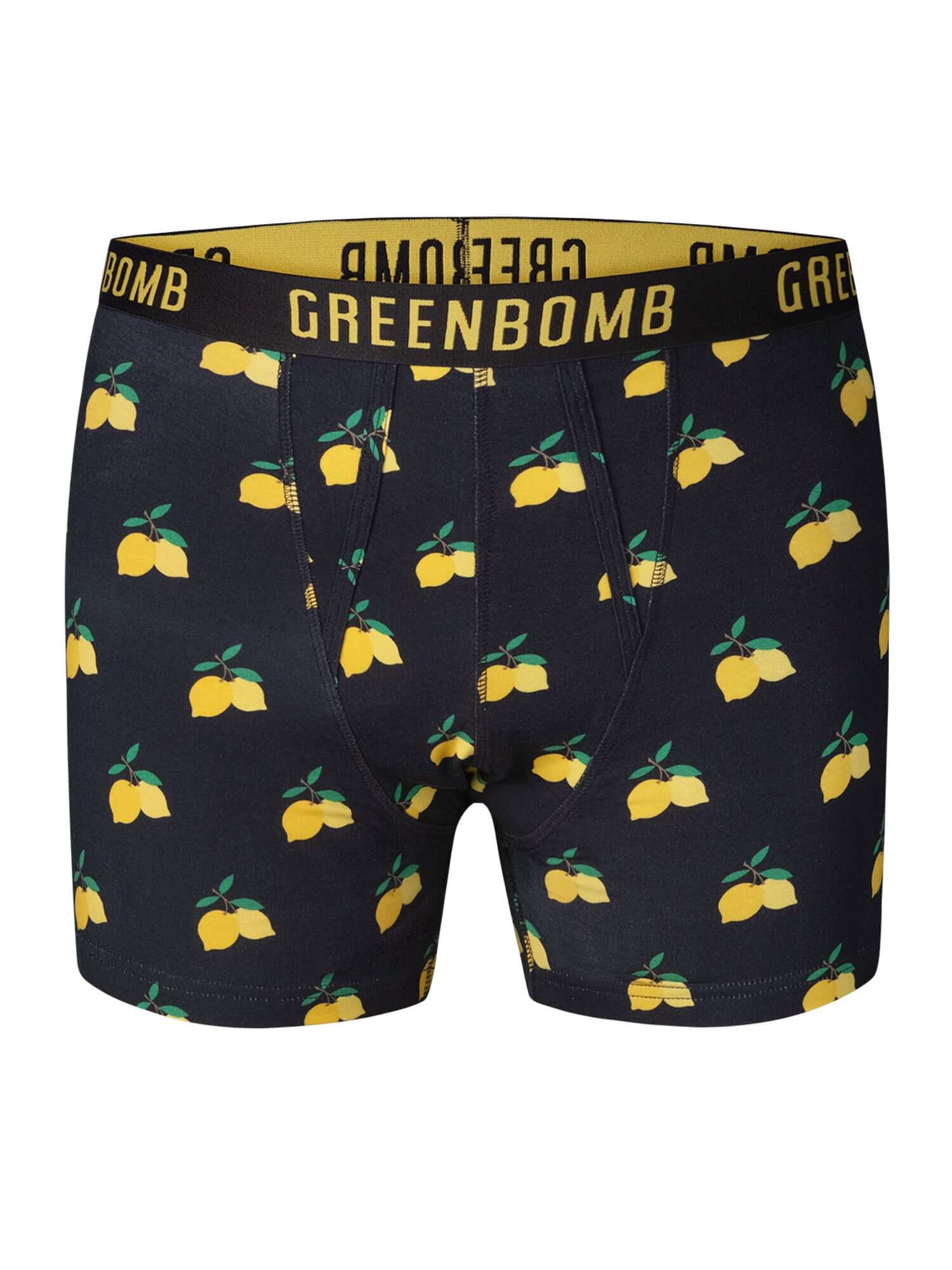 Boxer trunk homme Lemons GREENBOMB en coton bio porté, motif citrons sur fond sombre