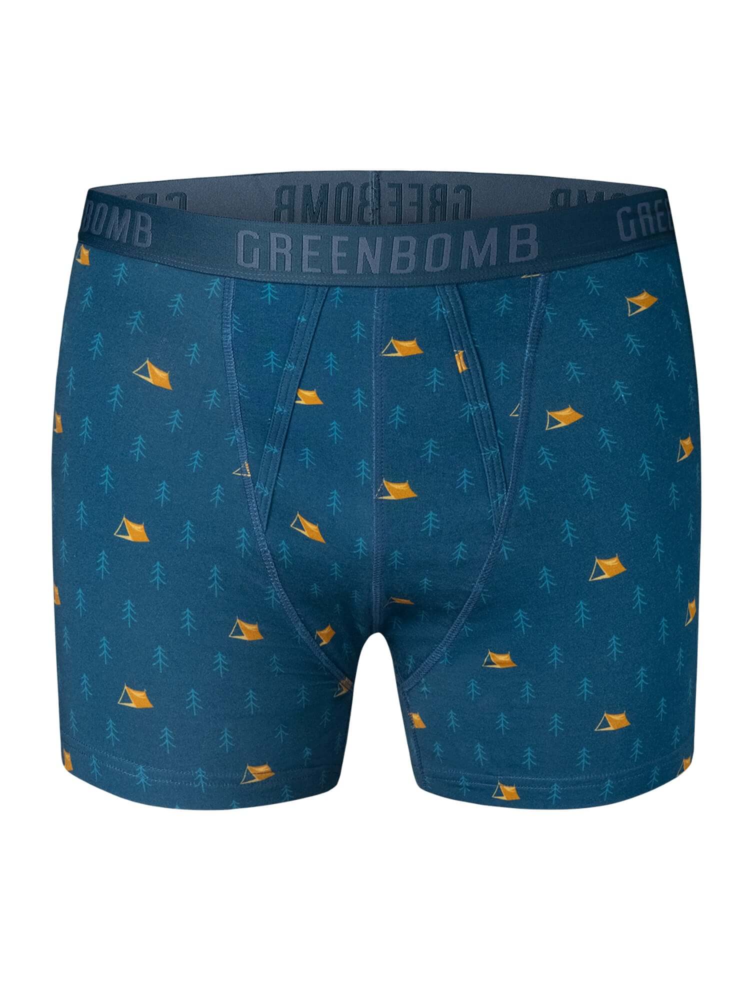 Boxer trunk homme Wood Tent GREENBOMB en coton bio porté, motif sapins et tentes