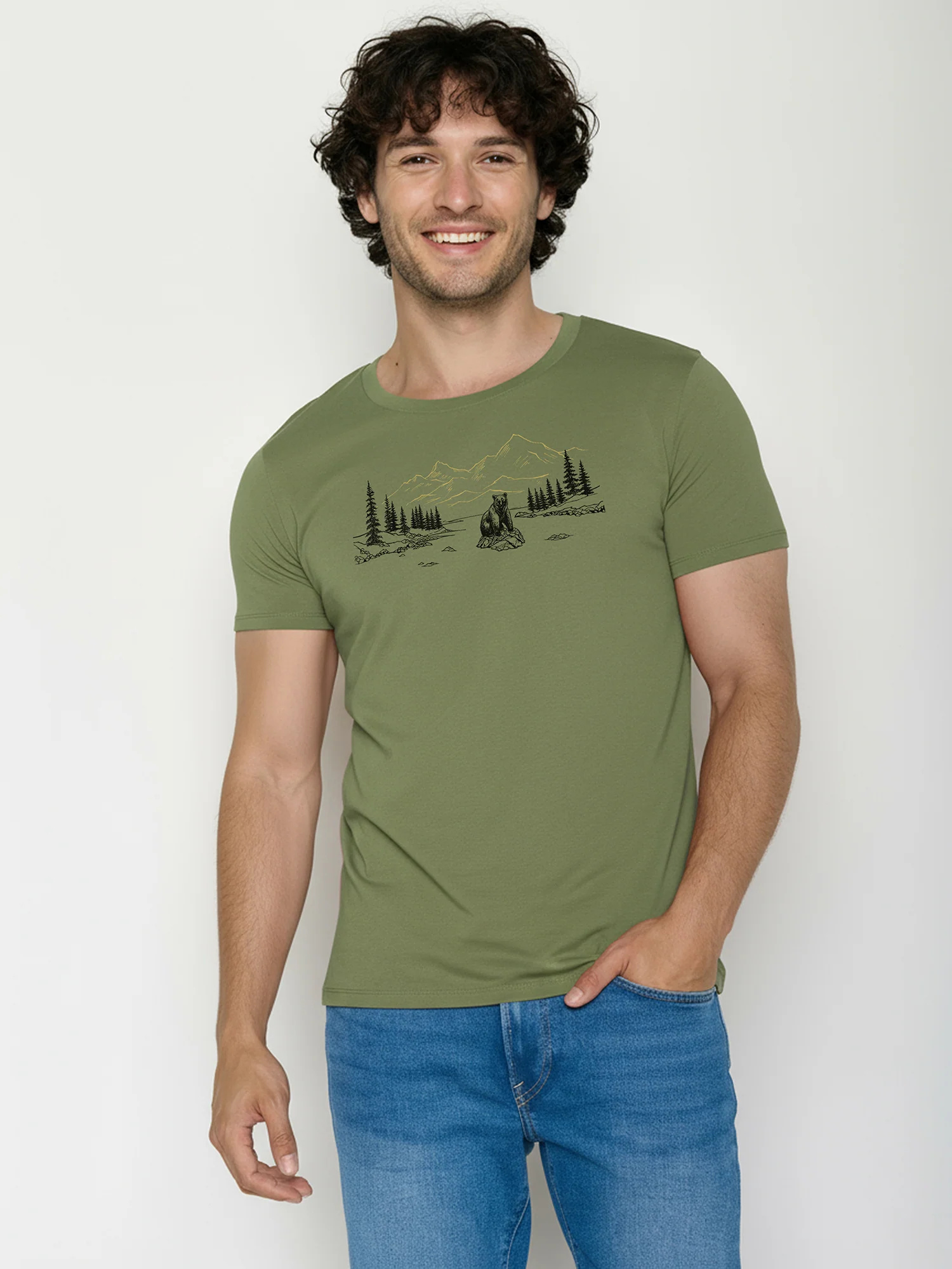T-shirt homme ours au bord de la rivière en coton bio GOTS, vert graine