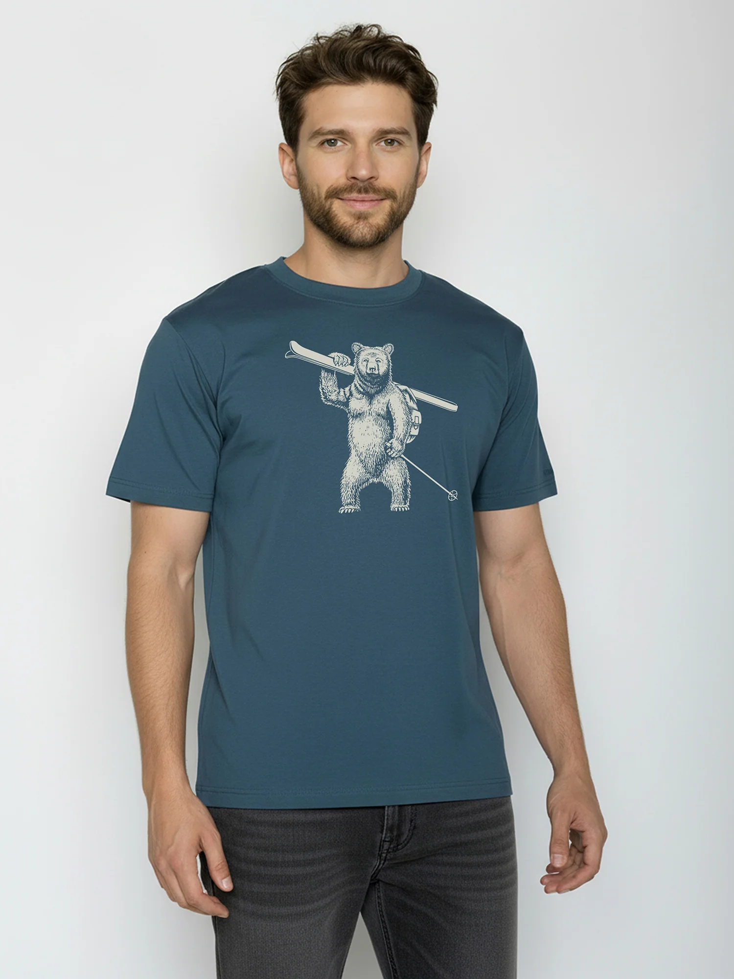 T-shirt homme ample ours skieur en coton bio GOTS, bleu pin
