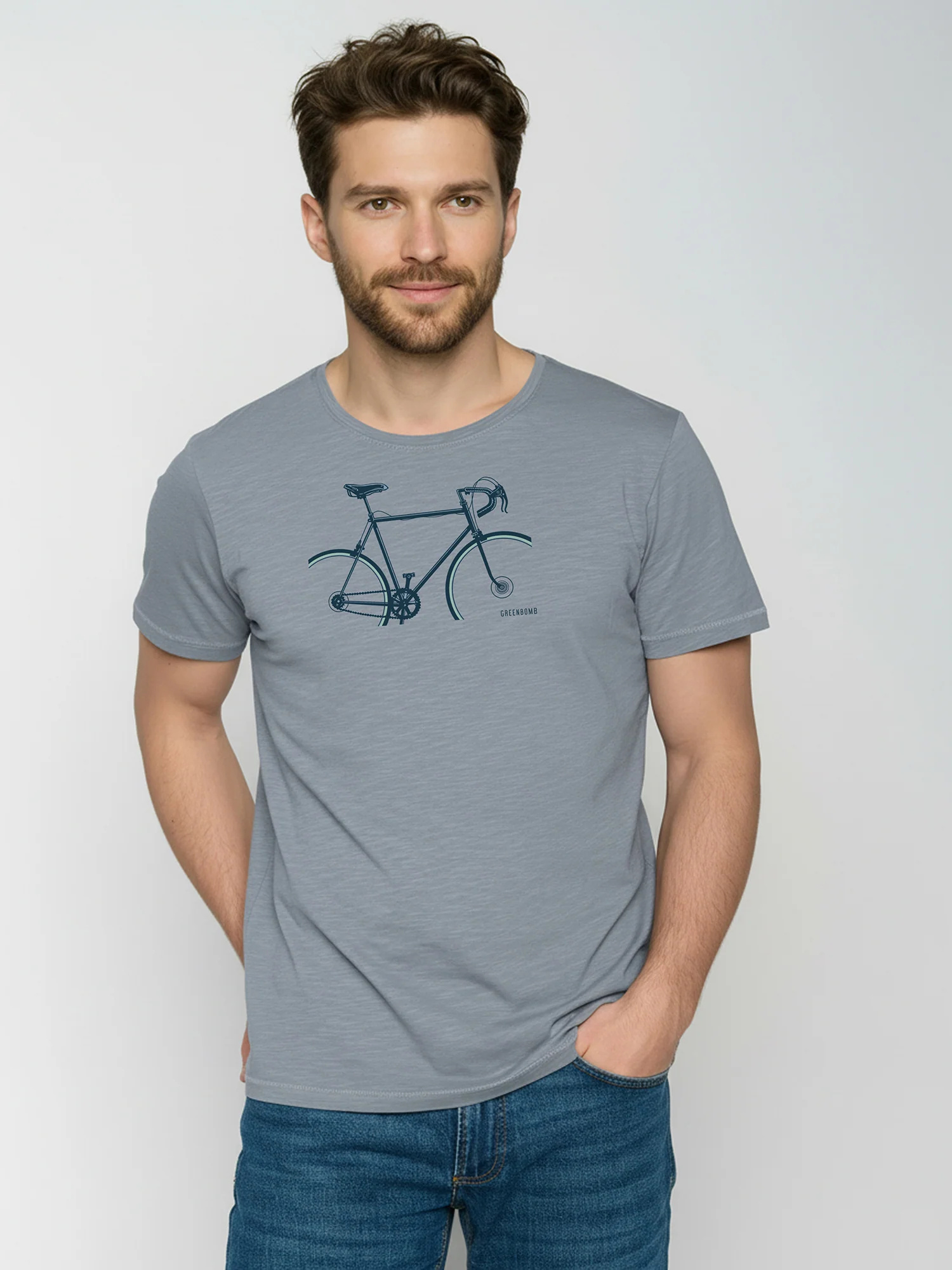 T-shirt homme à motifs vélos en coton bio GOTS, gris brume, détail du motif vélo