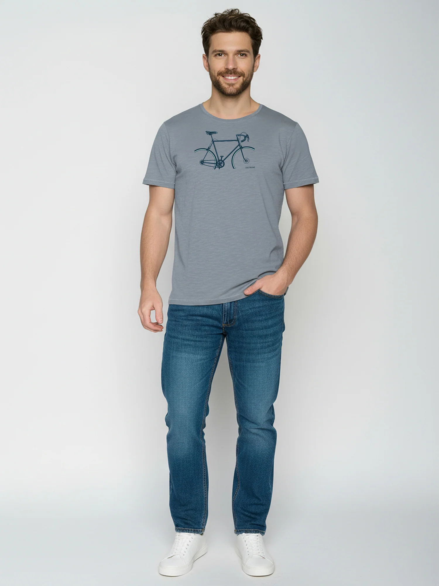 T-shirt à motifs vélos homme coton biologique, gris brume, porté de dos