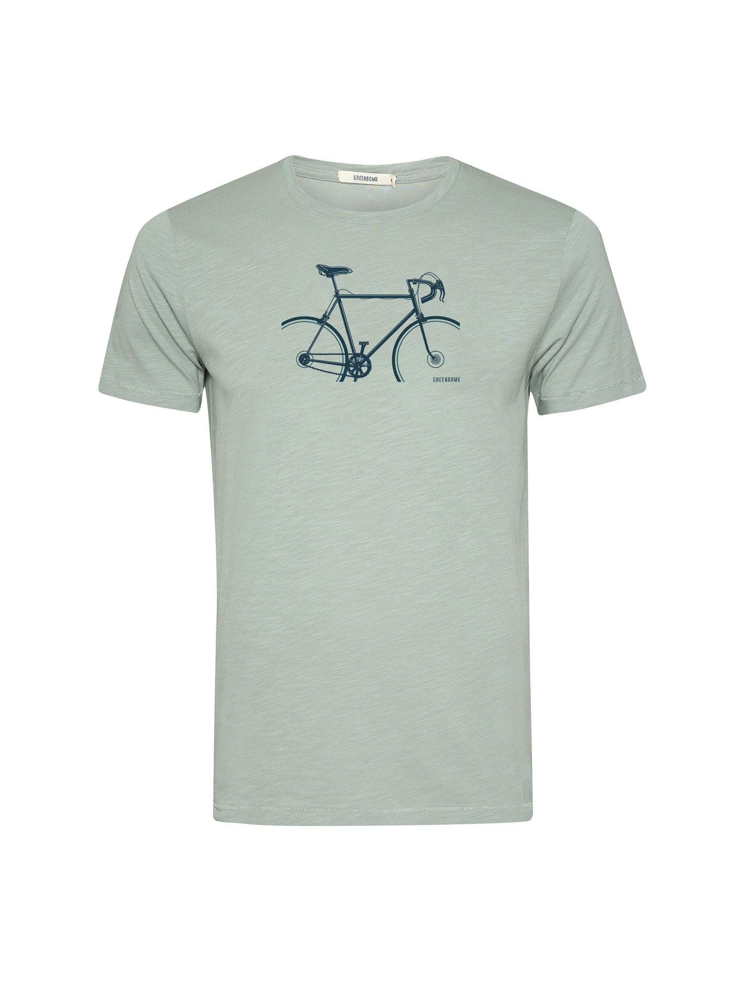 T-shirt homme à motifs vélos en coton bio GOTS, sauge tendre, dans son emballage Green Bomb