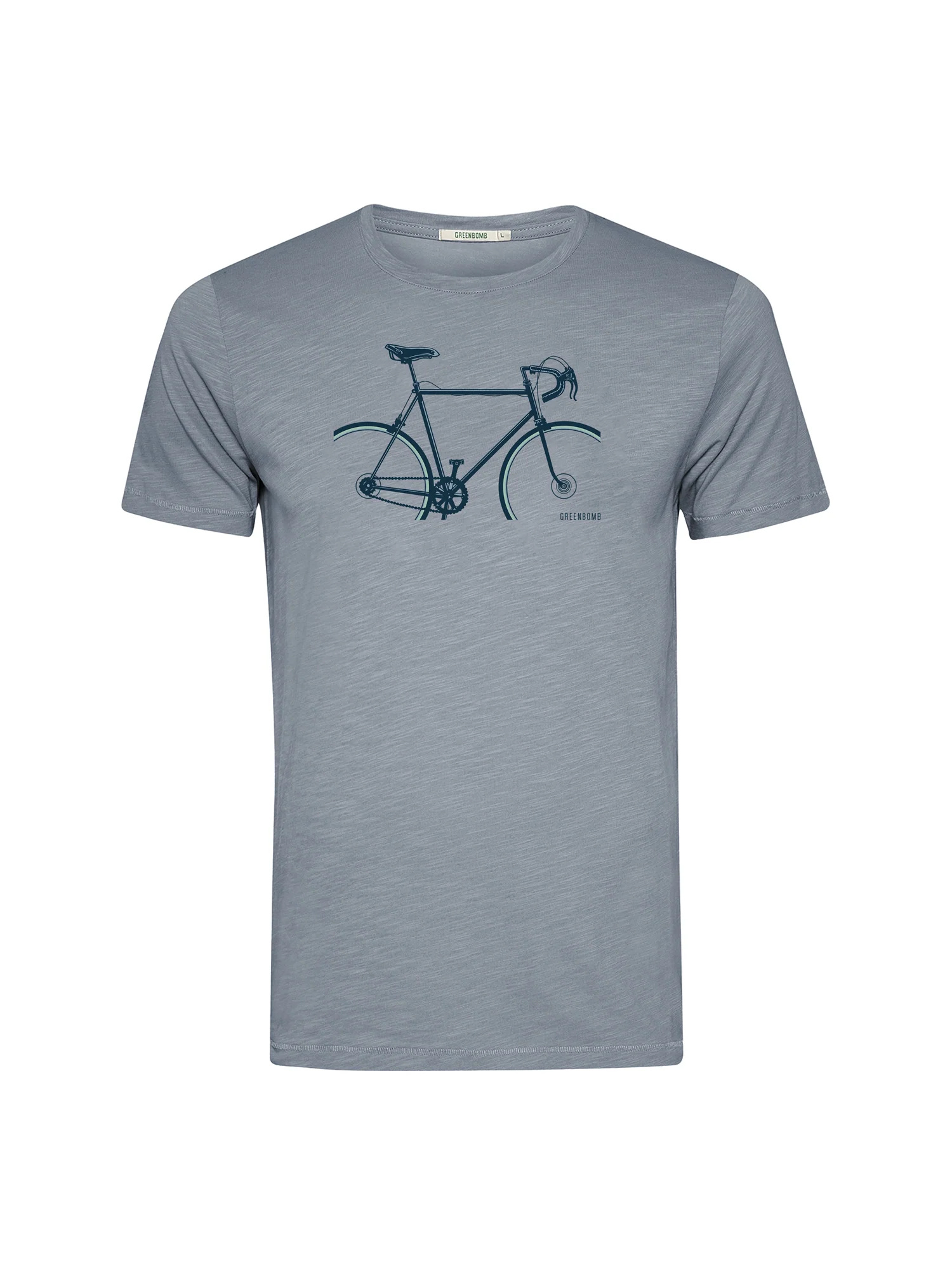 T-shirt homme à motifs vélos en coton bio GOTS, gris brume, dans son emballage Green Bomb