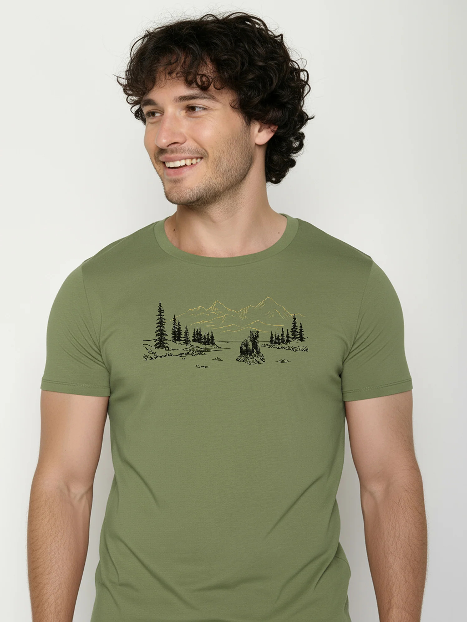 T-shirt homme motifs ours et rivière GREENBOMB coton biologique, vert graine, détail du motif