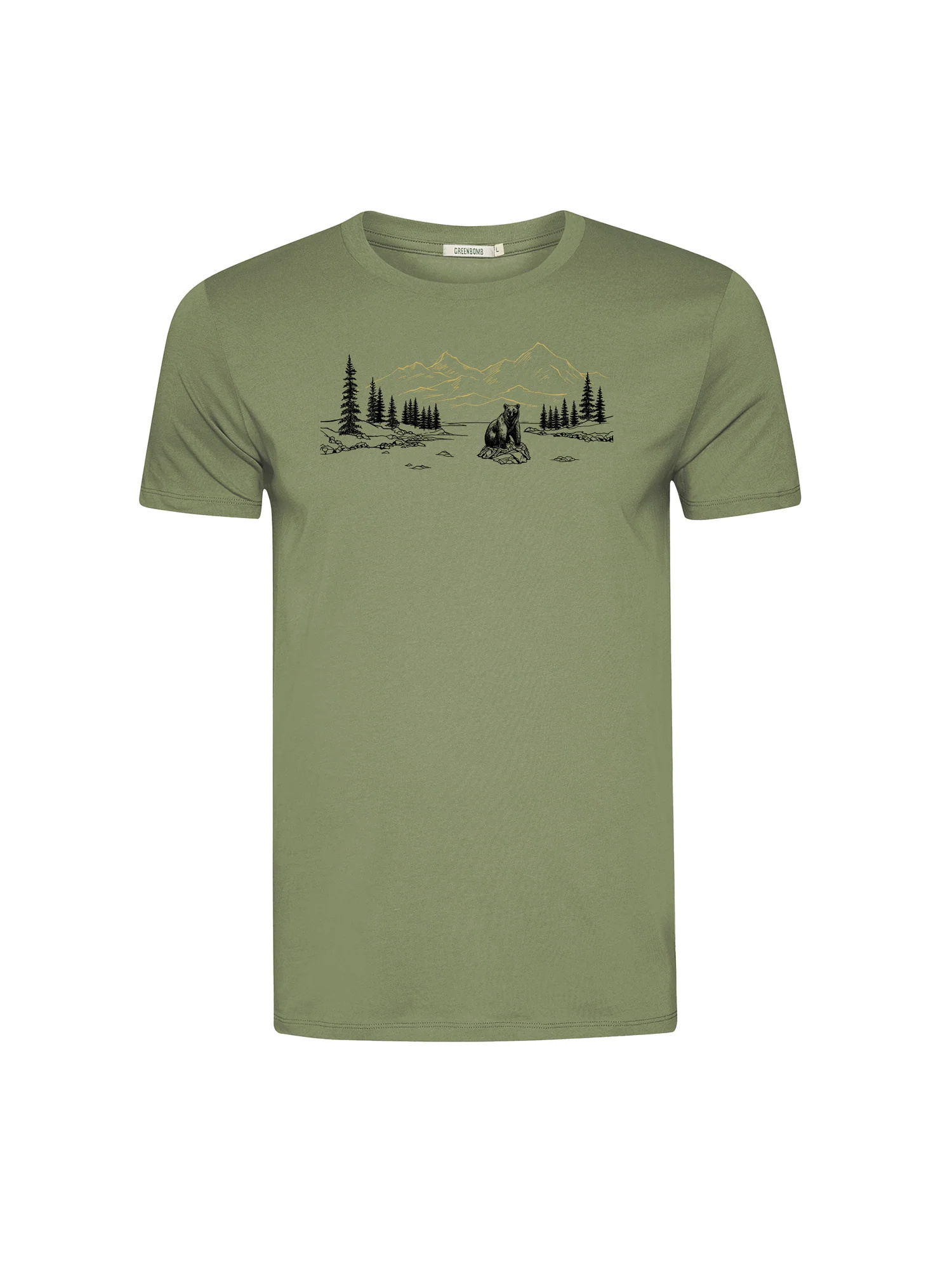 T-shirt homme ours rivière GREENBOMB coton bio, vert graine, dans son emballage Green Bomb
