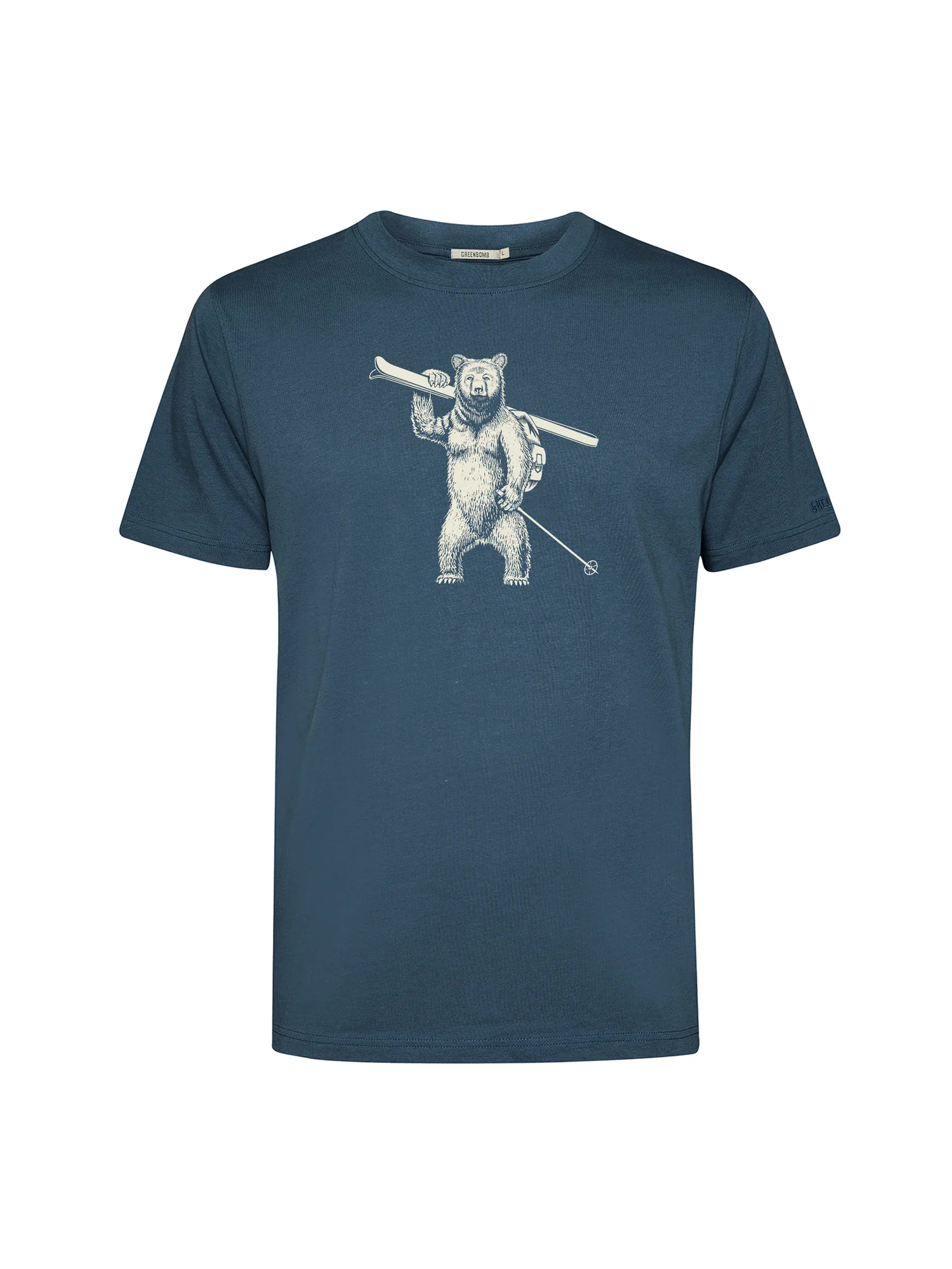 T-shirt homme à motifs ours skieur en coton bio GOTS, bleu pin, dans son emballage Green Bomb