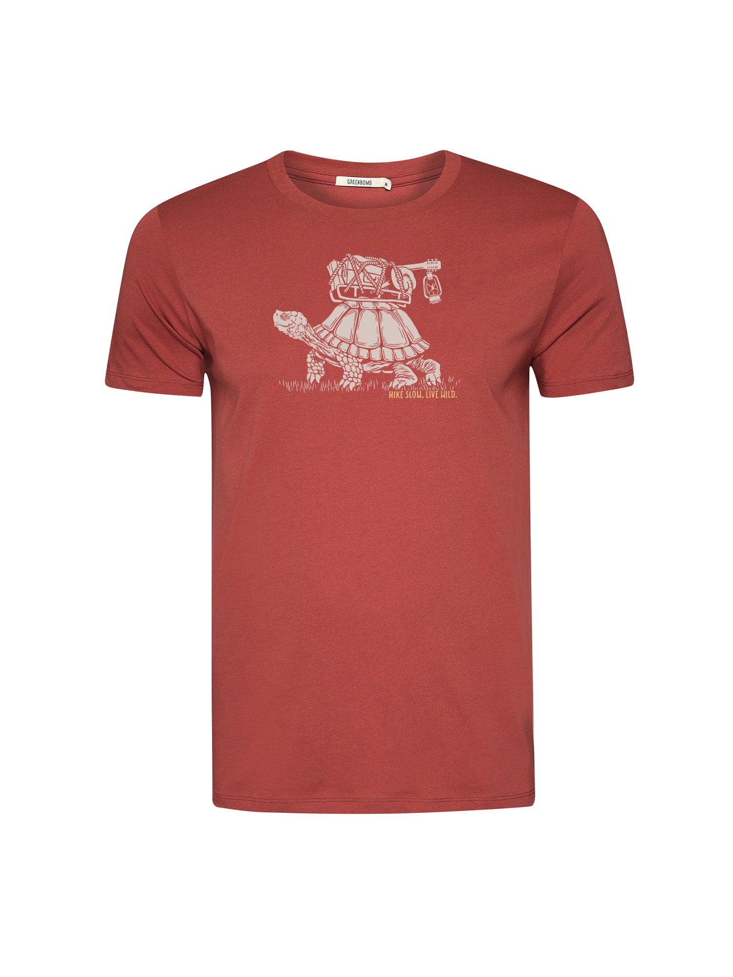 T-shirt homme à motifs tortues en coton bio GOTS, rouge couchant, dans son emballage Green Bomb