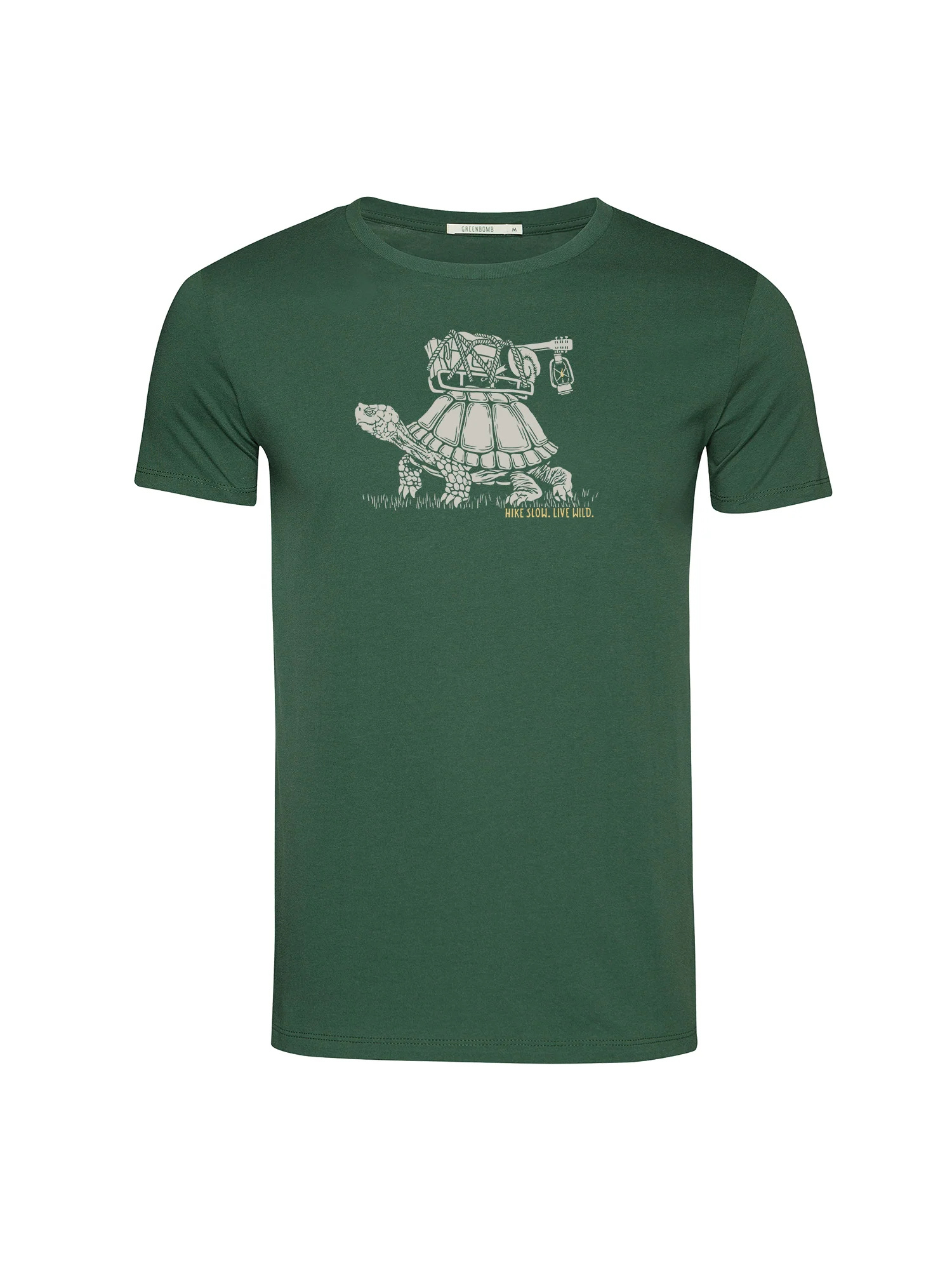 T-shirt homme à motifs tortues en coton bio GOTS, vert bouteille, dans son emballage Green Bomb