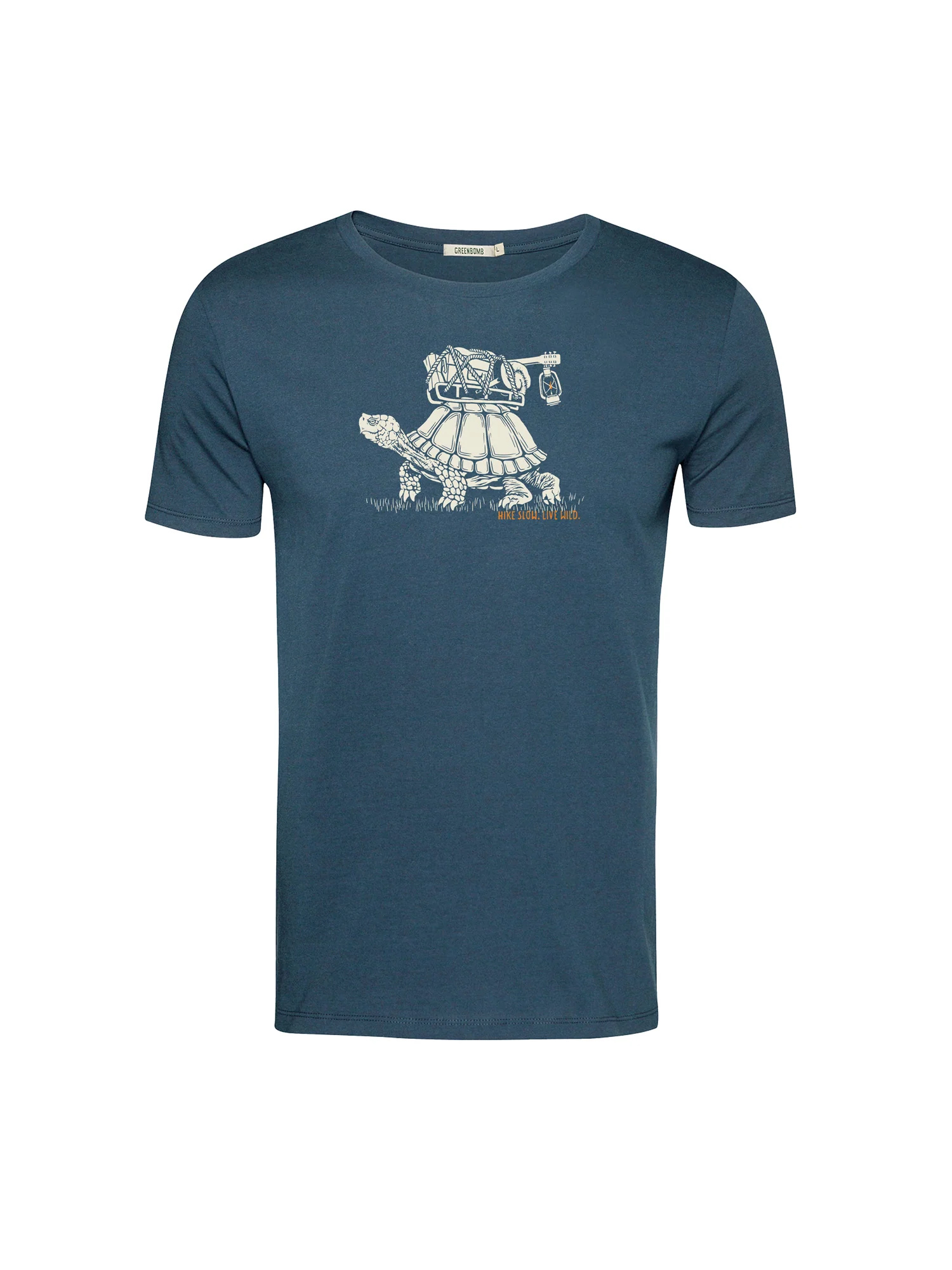 T-shirt homme à motifs tortues en coton bio GOTS, bleu pin, dans son emballage Green Bomb