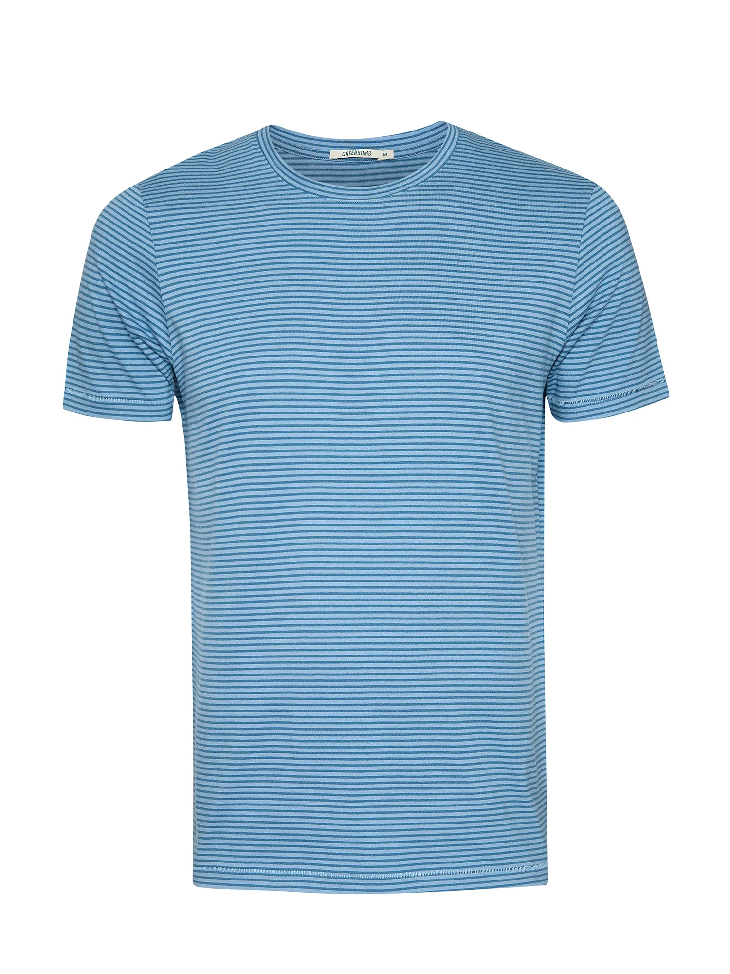 T-shirt homme rayé en coton bio GOTS, rayures marée, dans son emballage Green Bomb