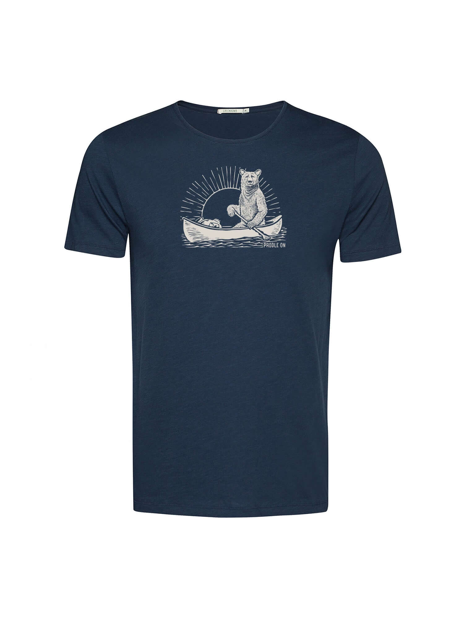 T-shirt homme à motifs ours en canoë en coton bio GOTS, bleu marine, dans son emballage Green Bomb