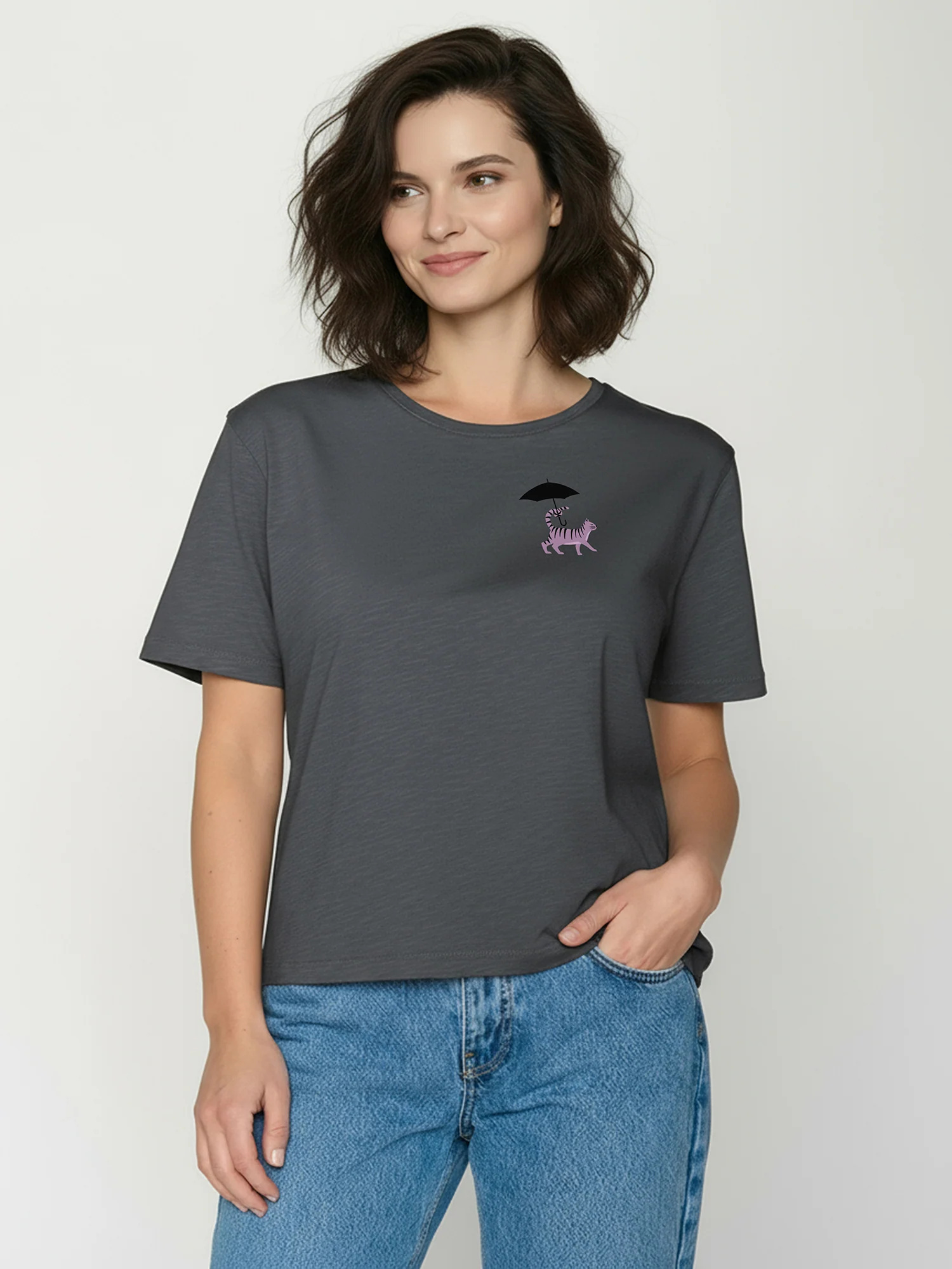 T-shirt femme ample chats Cat Walk en coton bio GOTS, gris gravier