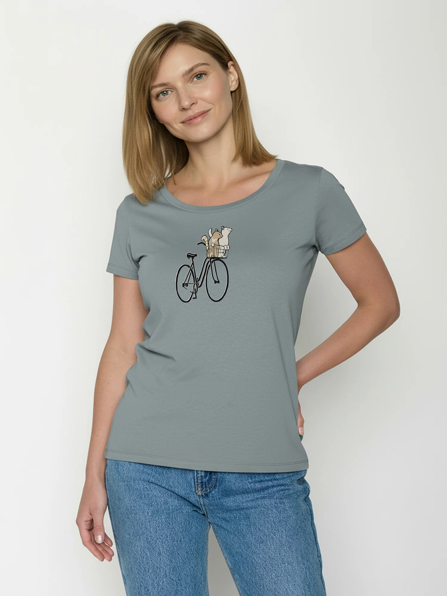 T-shirt femme cintré chat dans le panier de vélo en coton bio GOTS, gris fumée