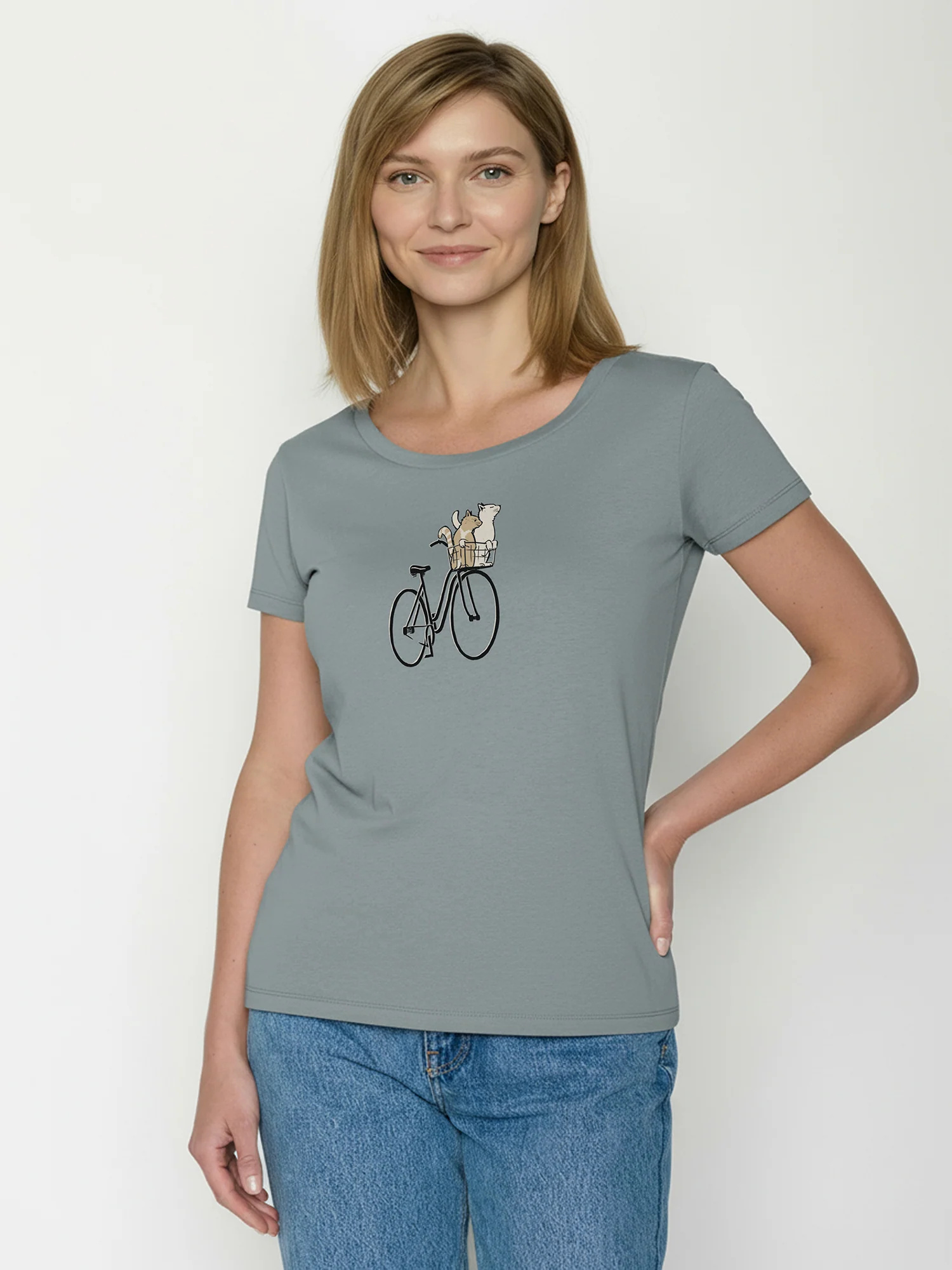 T-shirt femme motifs chat et vélo GREENBOMB coton biologique, gris fumée, détail du motif