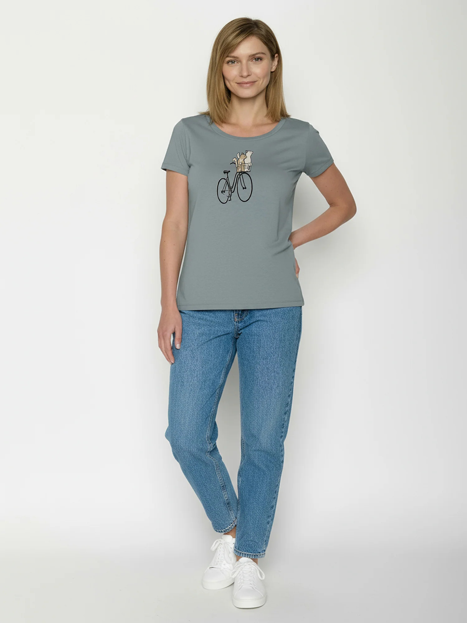 T-shirt femme Bike Cat Basket coupe cintrée coton bio, gris fumée, porté de dos