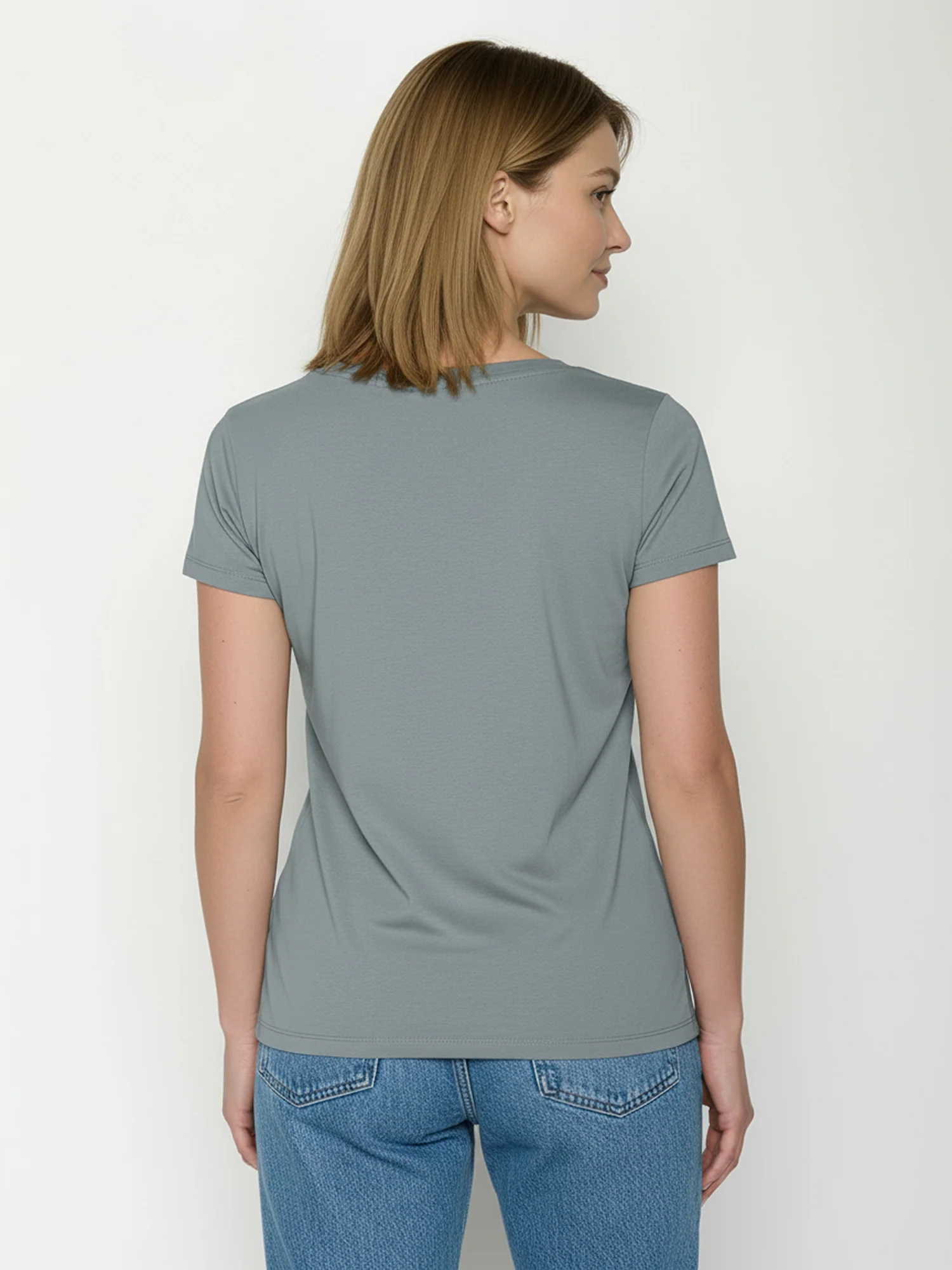 T-shirt femme à motifs chat dans le panier de vélo en coton bio GOTS, gris fumée, vue portée en pied