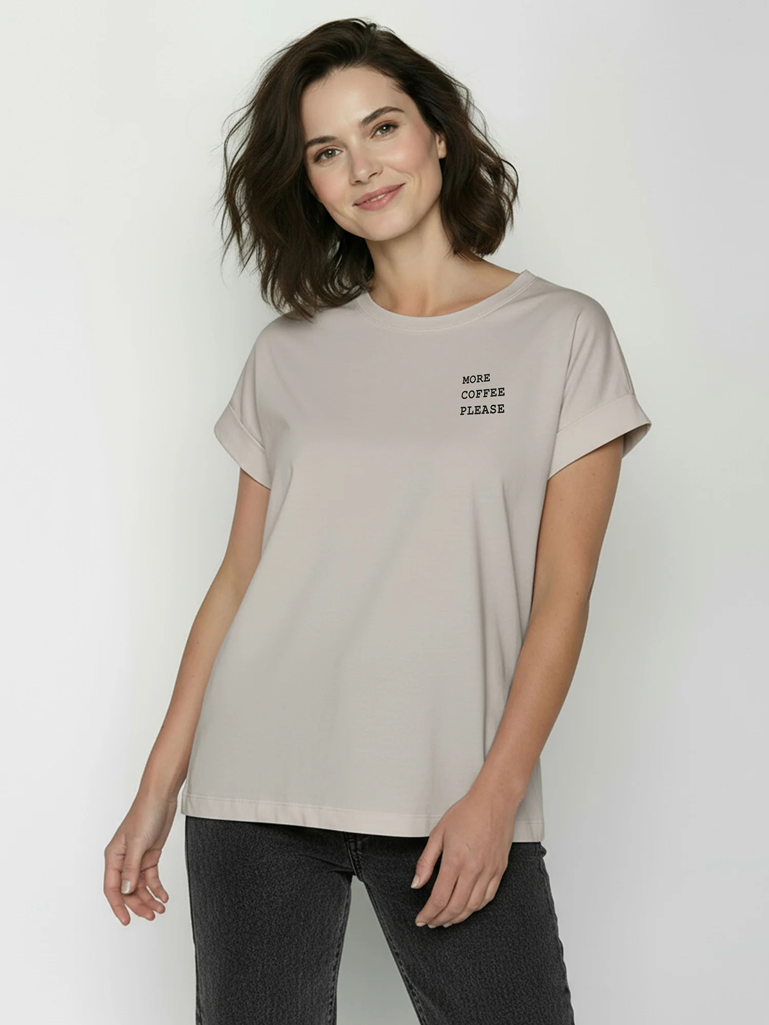 T-shirt femme boxy chien et café en coton bio GOTS, beige grès