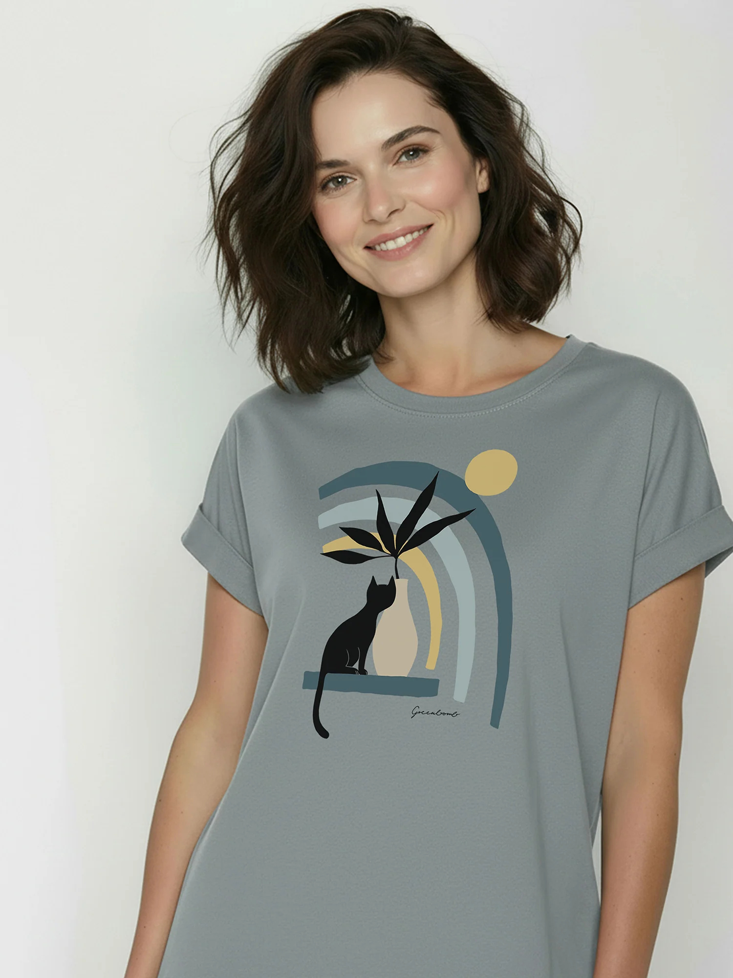 T-shirt femme motifs chats dans le vase GREENBOMB coton biologique, gris fumée, détail du motif
