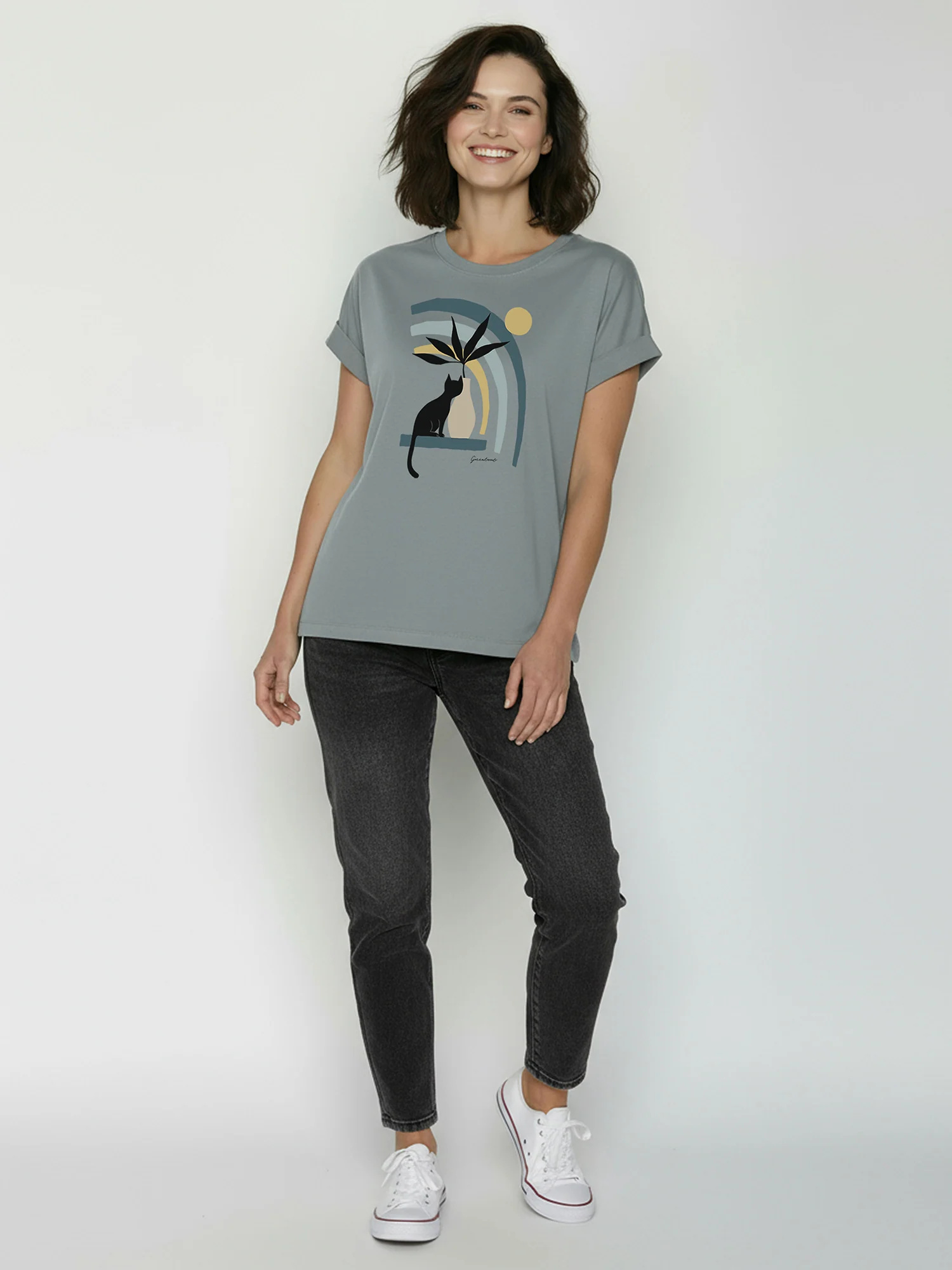 T-shirt femme Cat Vase coupe boxy coton bio, gris fumée, porté de dos
