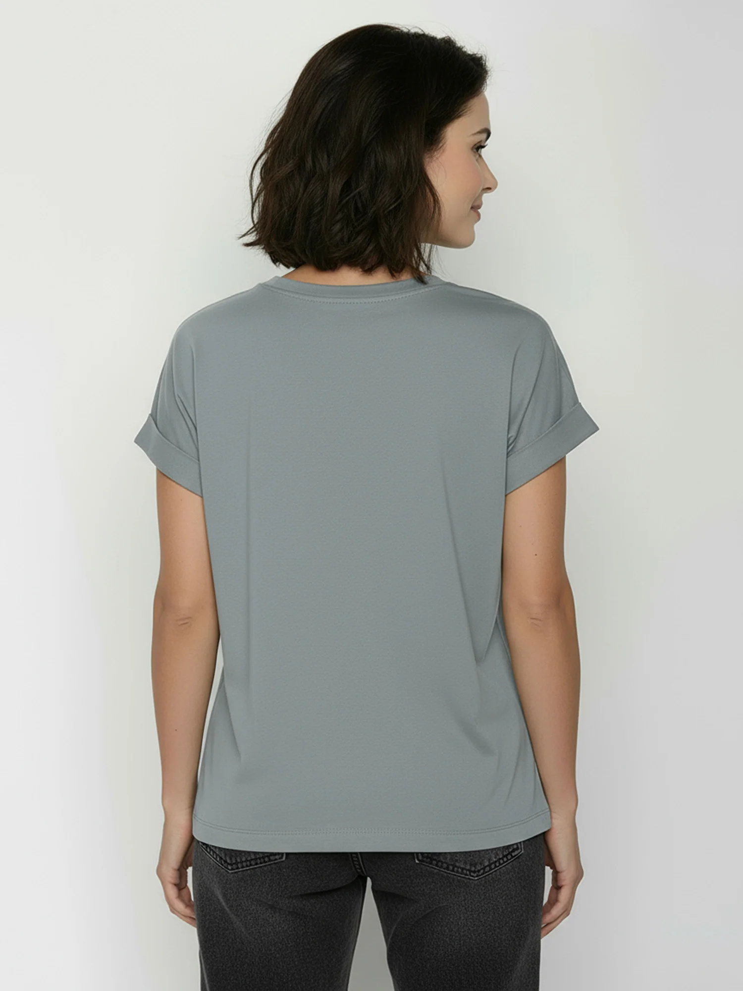 T-shirt femme à motifs chats et vase en coton bio GOTS, gris fumée, vue portée en pied