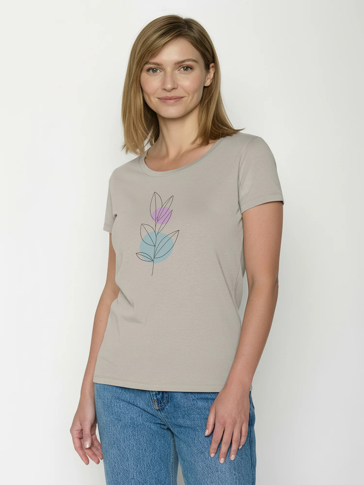 T-shirt femme cintré fleurs Bloom Classic en coton bio GOTS, beige grès