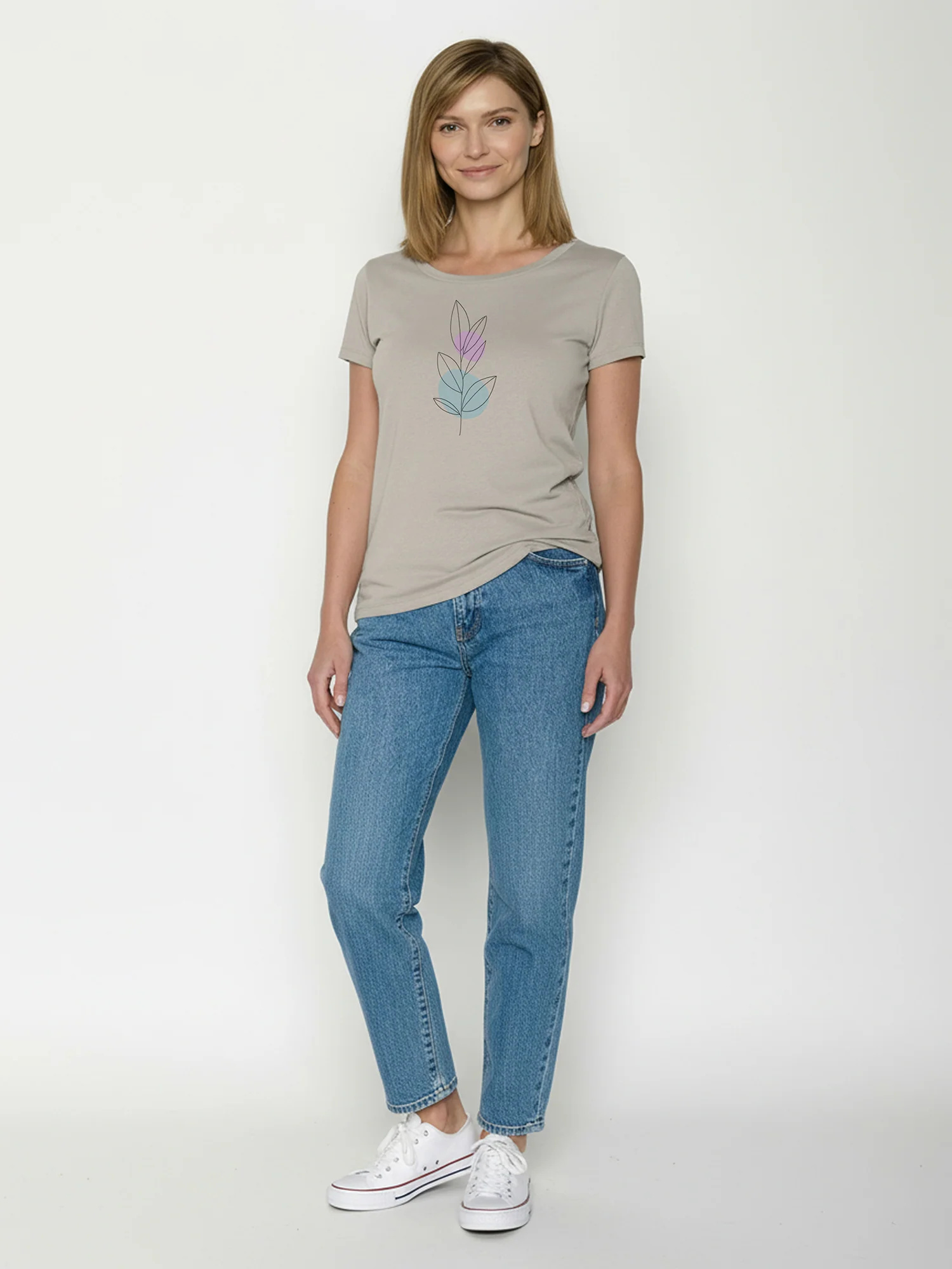 T-shirt femme Bloom Classic coupe cintrée coton bio, beige grès, porté de dos