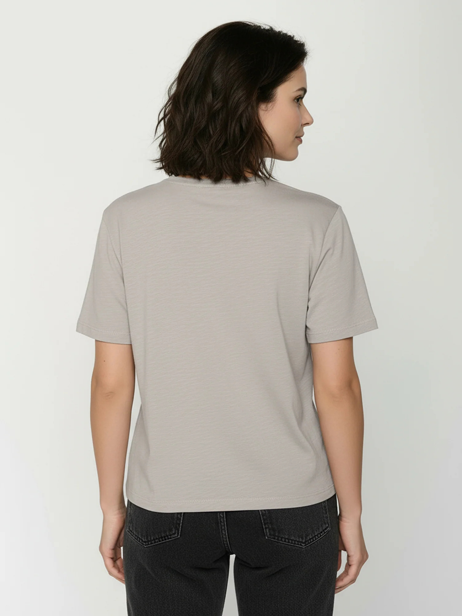 T-shirt femme à motifs coucher de soleil en coton bio GOTS, beige grès, vue portée en pied