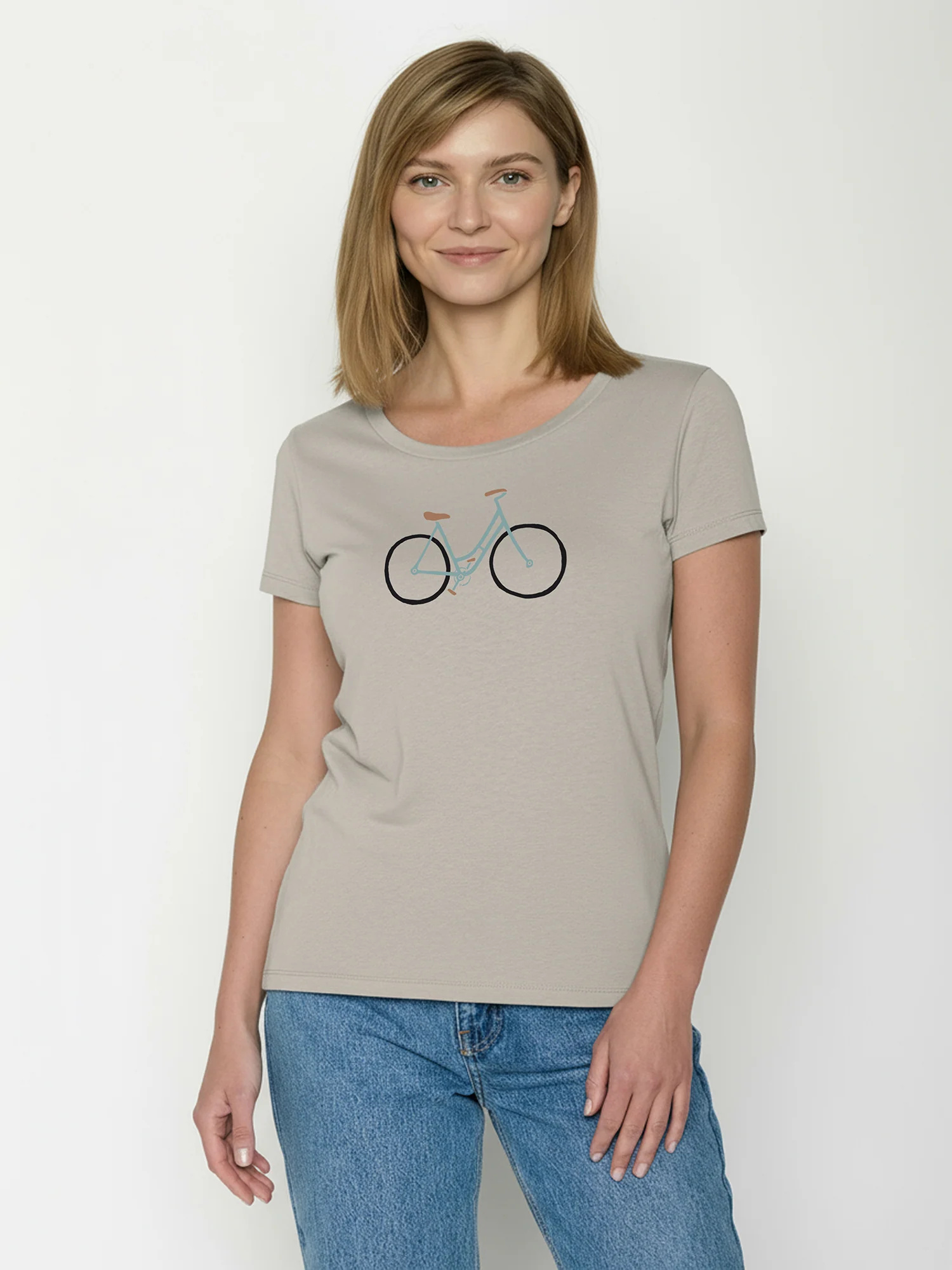 T-shirt femme cintré vélo dessiné à main levée en coton bio GOTS, beige grès