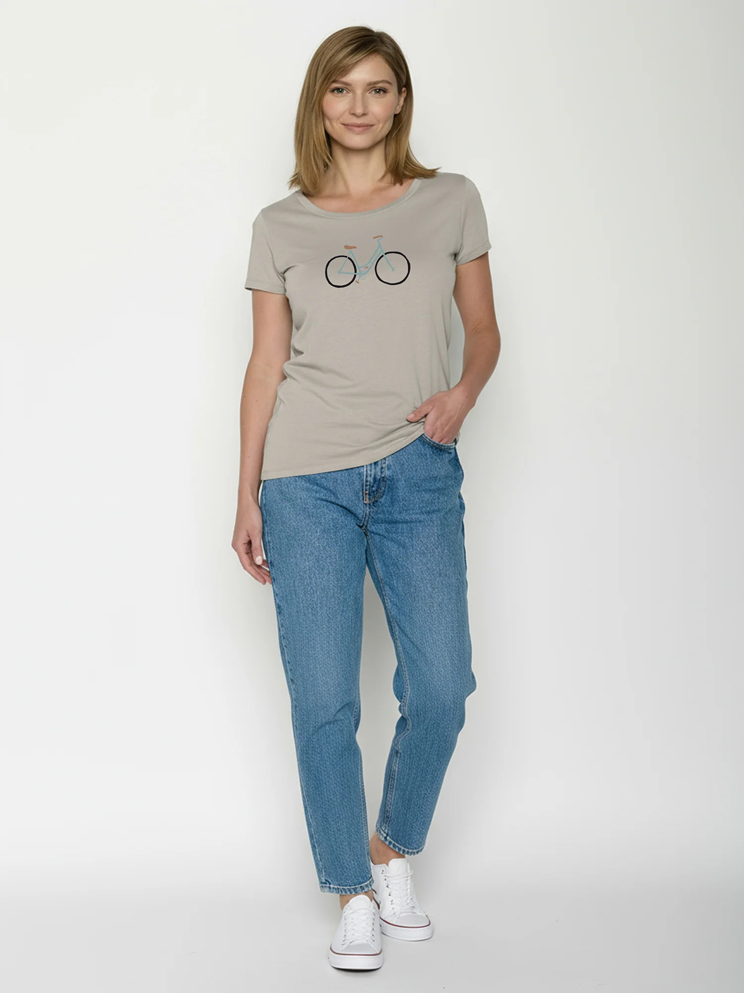 T-shirt femme Bike Freehand coupe cintrée coton bio, beige grès, porté de dos