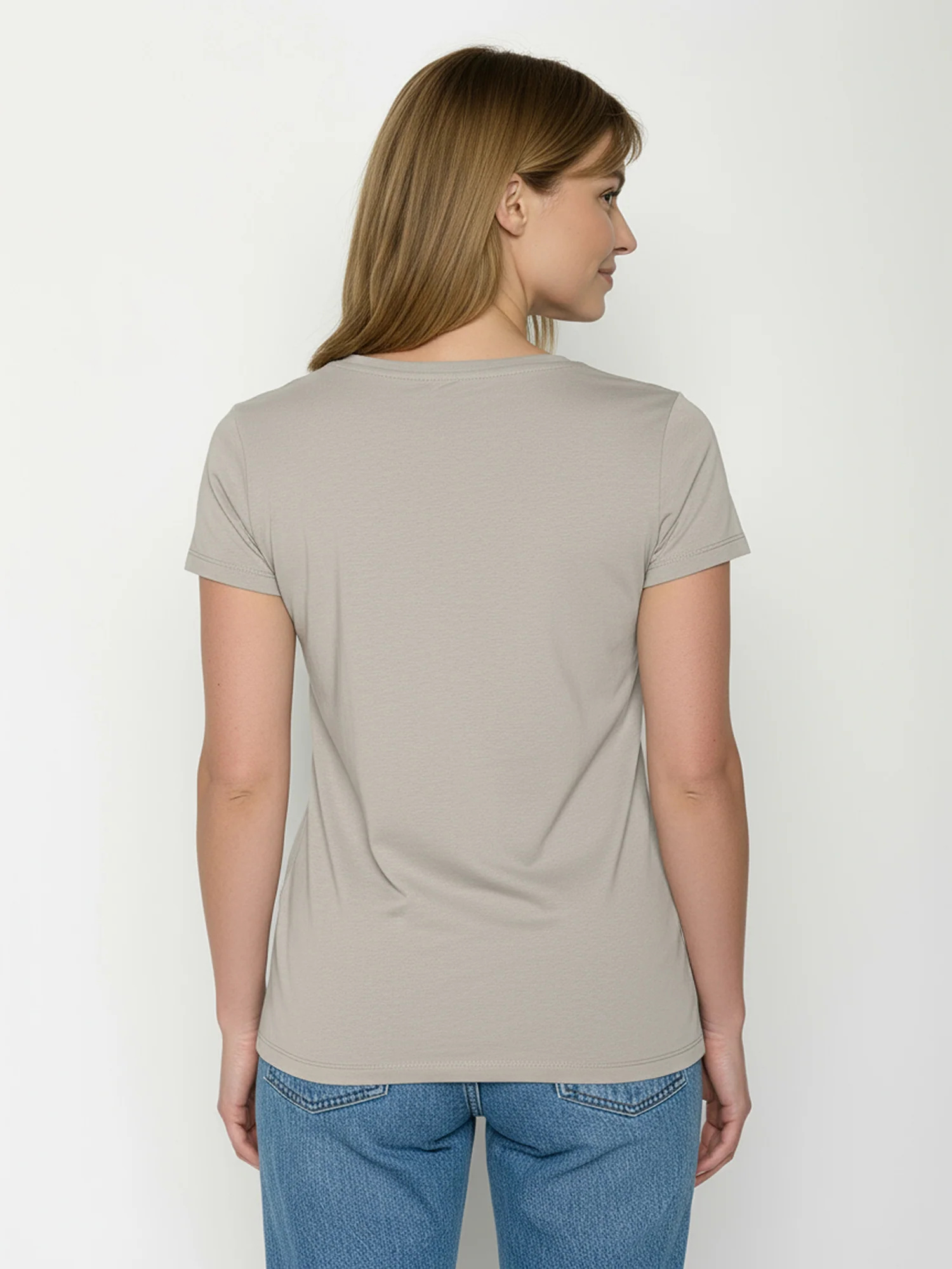 T-shirt femme à motifs vélo dessiné à main levée en coton bio GOTS, beige grès, vue portée en pied