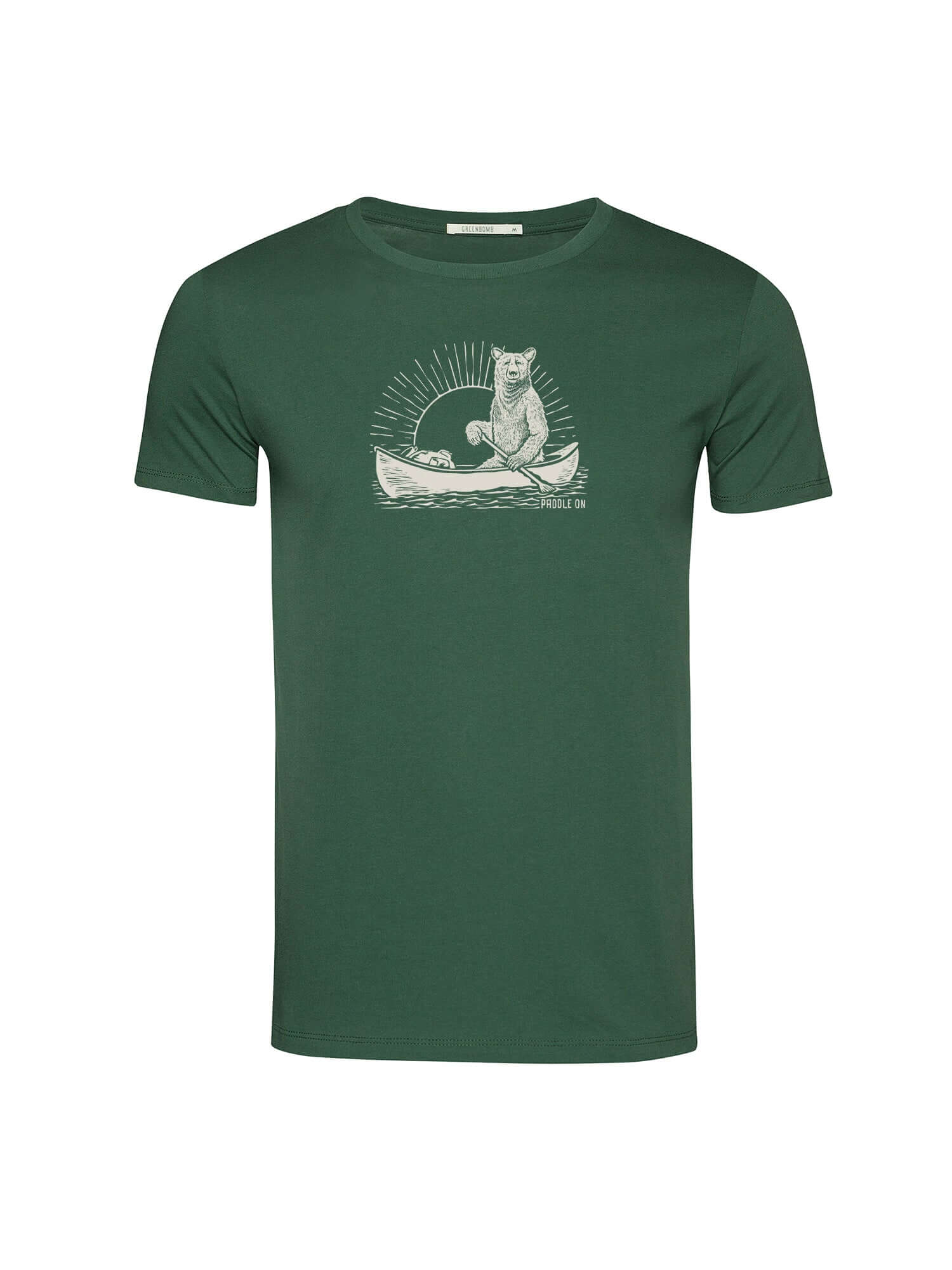 T-shirt homme à motifs ours en canoë en coton bio, vert bouteille, dans son emballage GREENBOMB