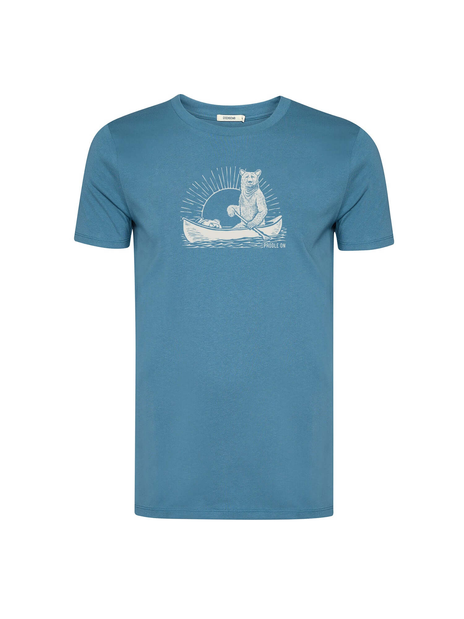 T-shirt homme à motifs ours en canoë en coton bio, bleu marée, dans son emballage GREENBOMB