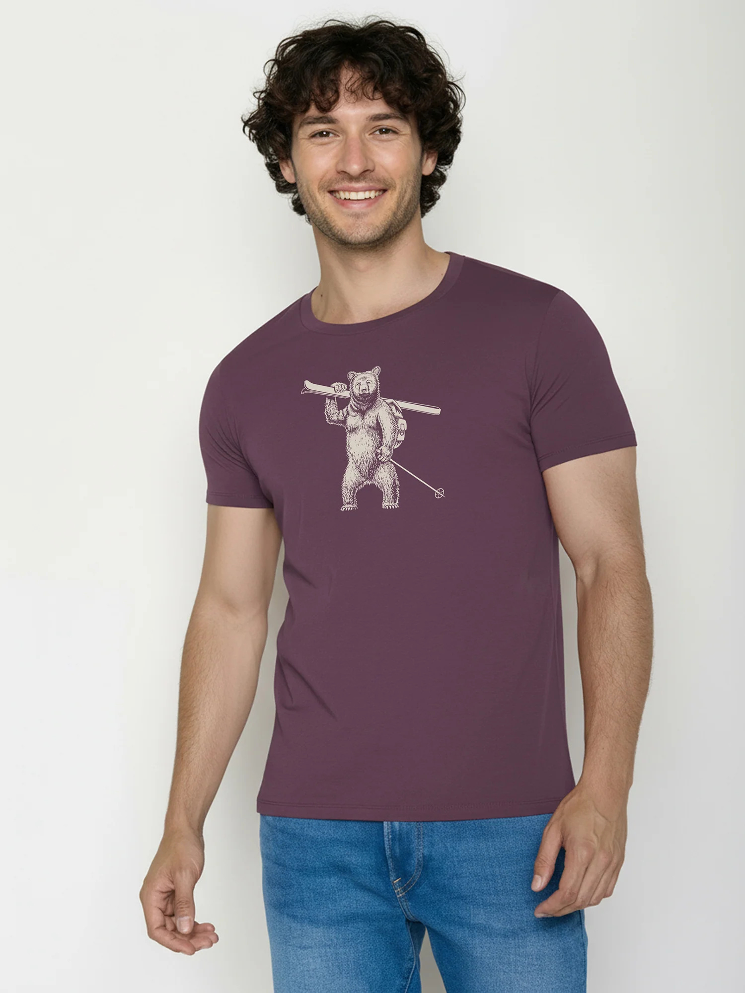 T-shirt homme ours skieur GREENBOMB en coton bio, violet baie