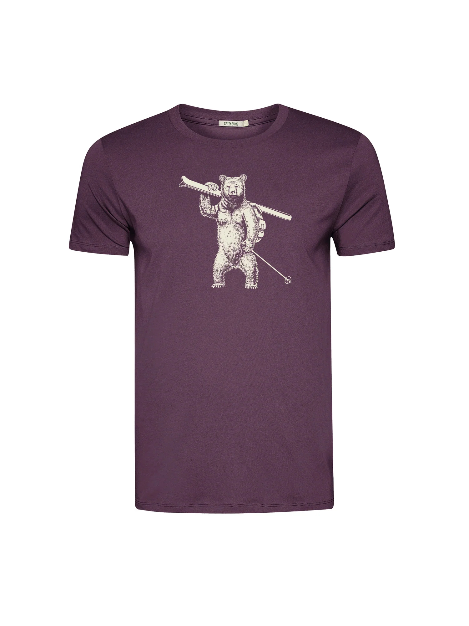T-shirt homme à motifs ours skieur en coton bio, violet baie, dans son emballage GREENBOMB