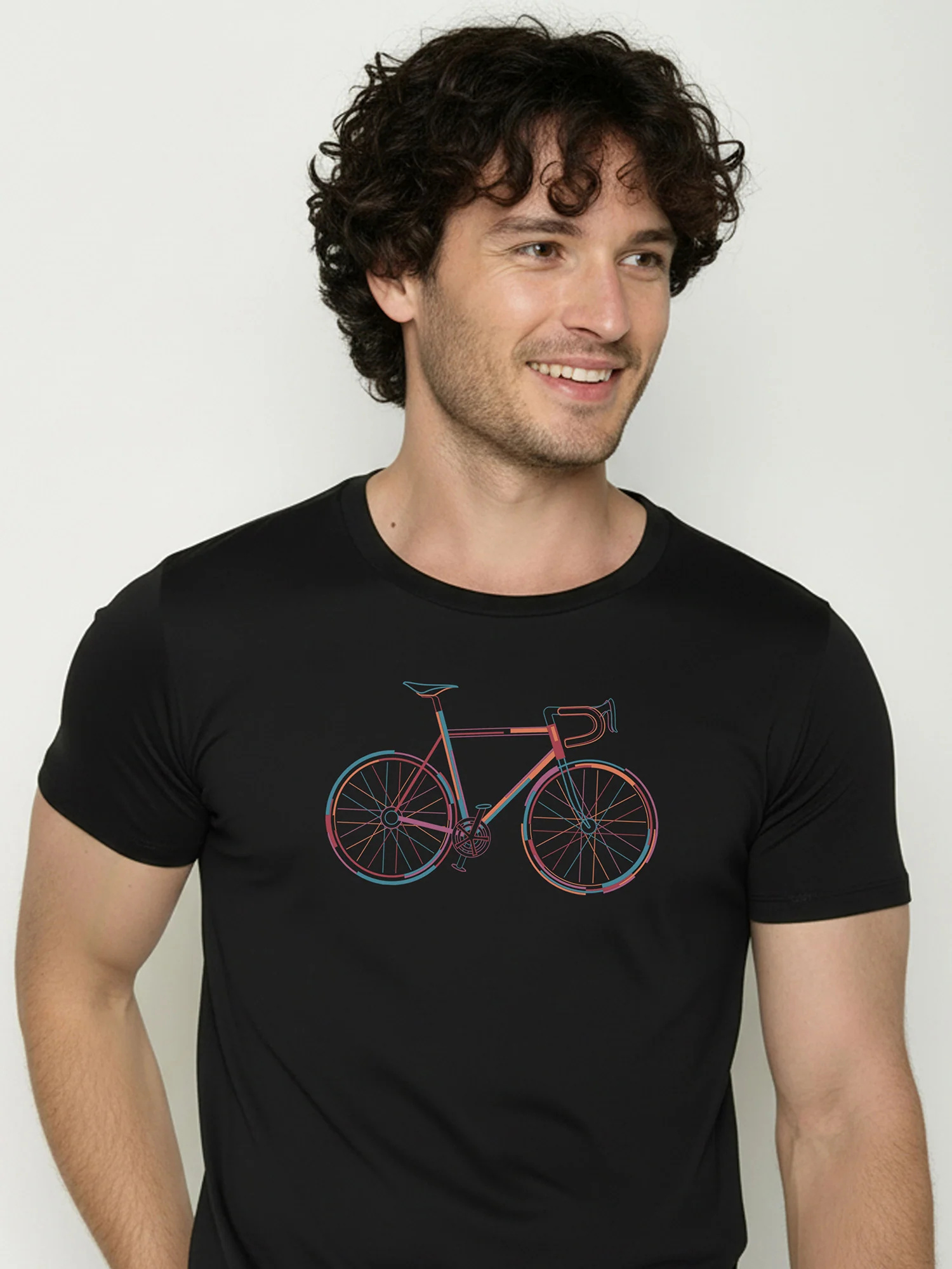 T-shirt homme à motifs vélo multicolores en coton bio GOTS, noir, détail du motif