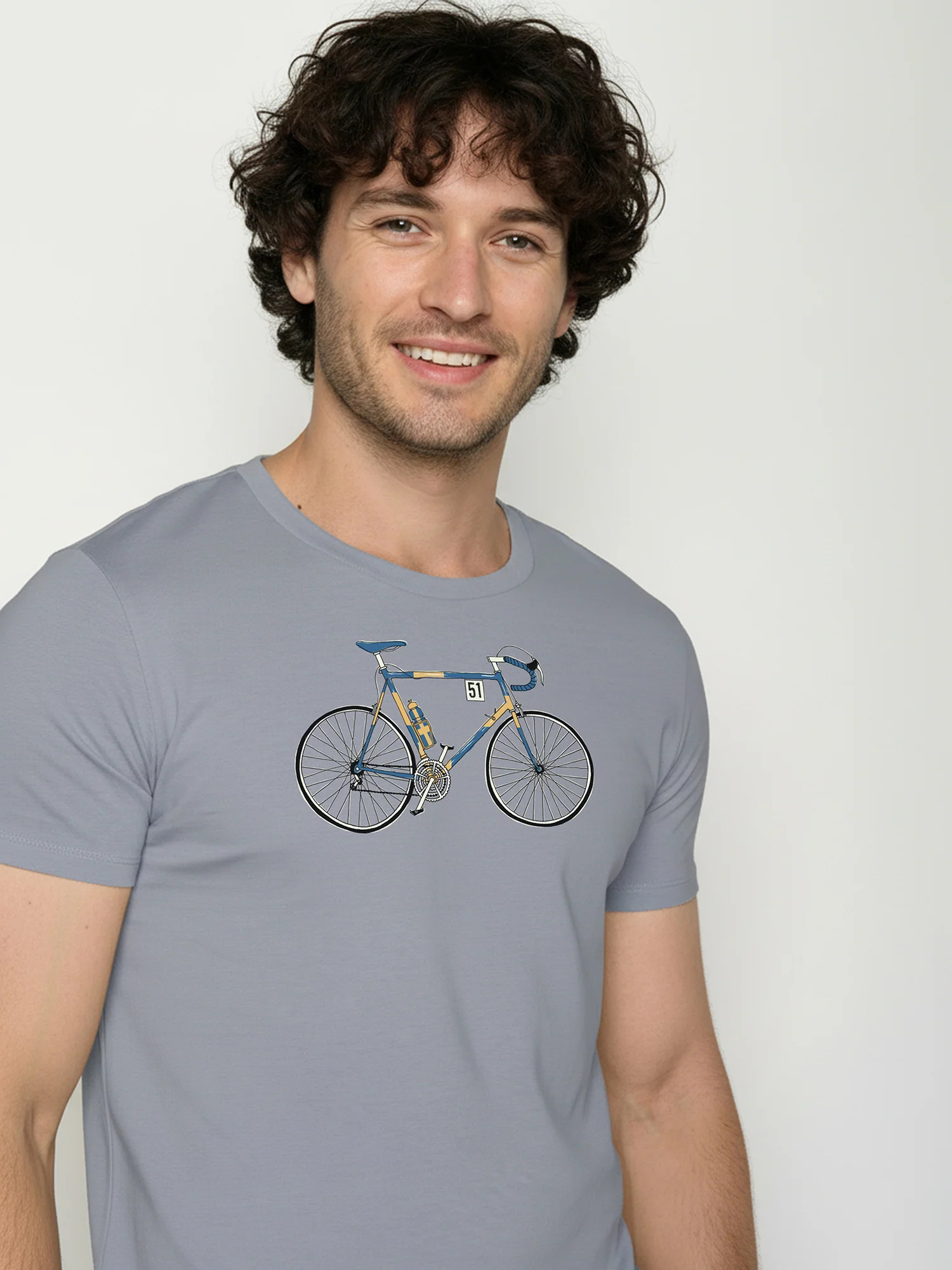 T-shirt homme à motifs vélo de course en coton bio GOTS, gris brume, détail du motif