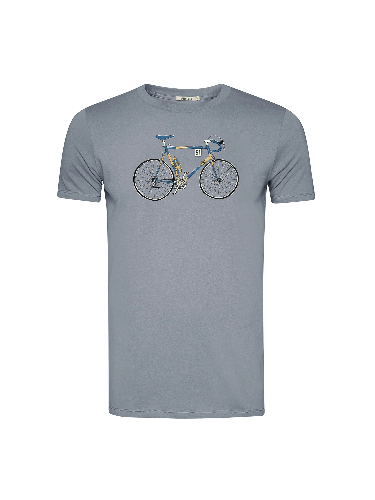 T-shirt homme à motifs vélo de course en coton bio, gris brume, dans son emballage GREENBOMB