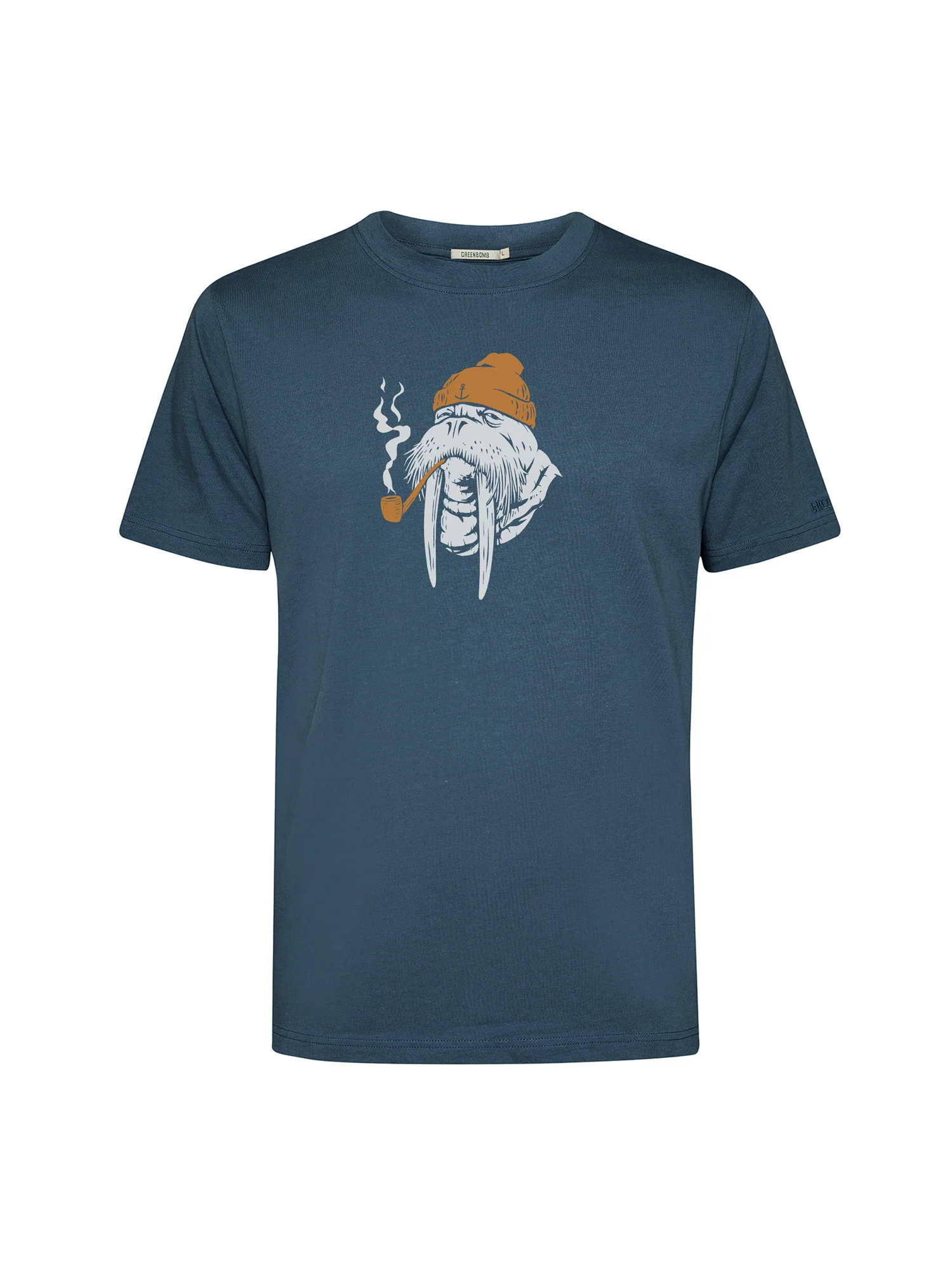T-shirt homme à motifs morse en coton bio, bleu pin, dans son emballage GREENBOMB