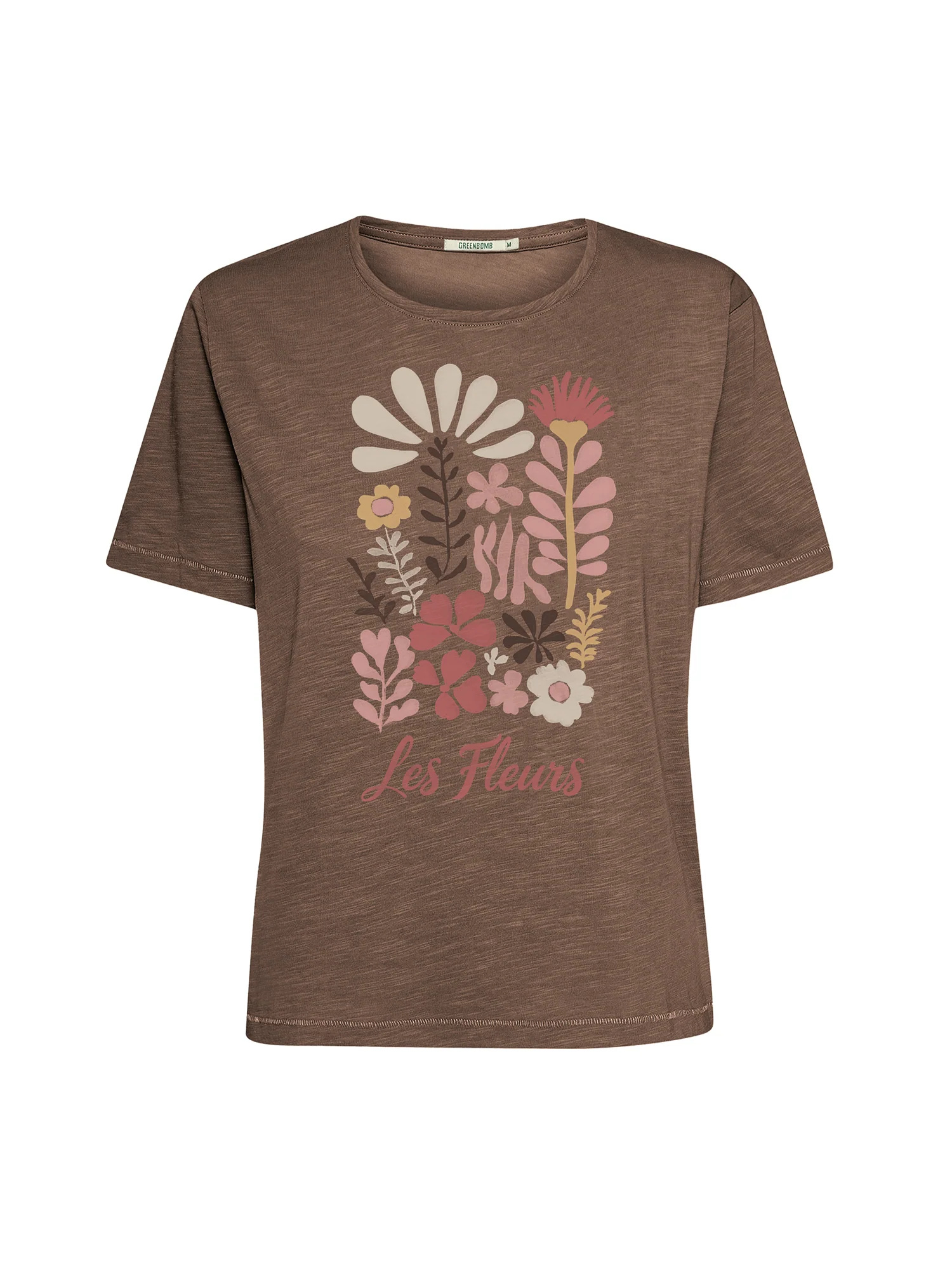 T-shirt femme à motifs fleurs en coton bio, terre boisée, dans son emballage GREENBOMB