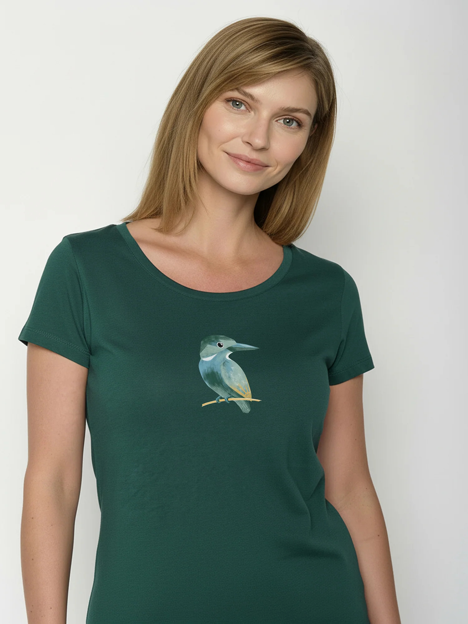 T-shirt femme à motifs oiseau en coton bio GOTS, vert pétrole, détail du motif