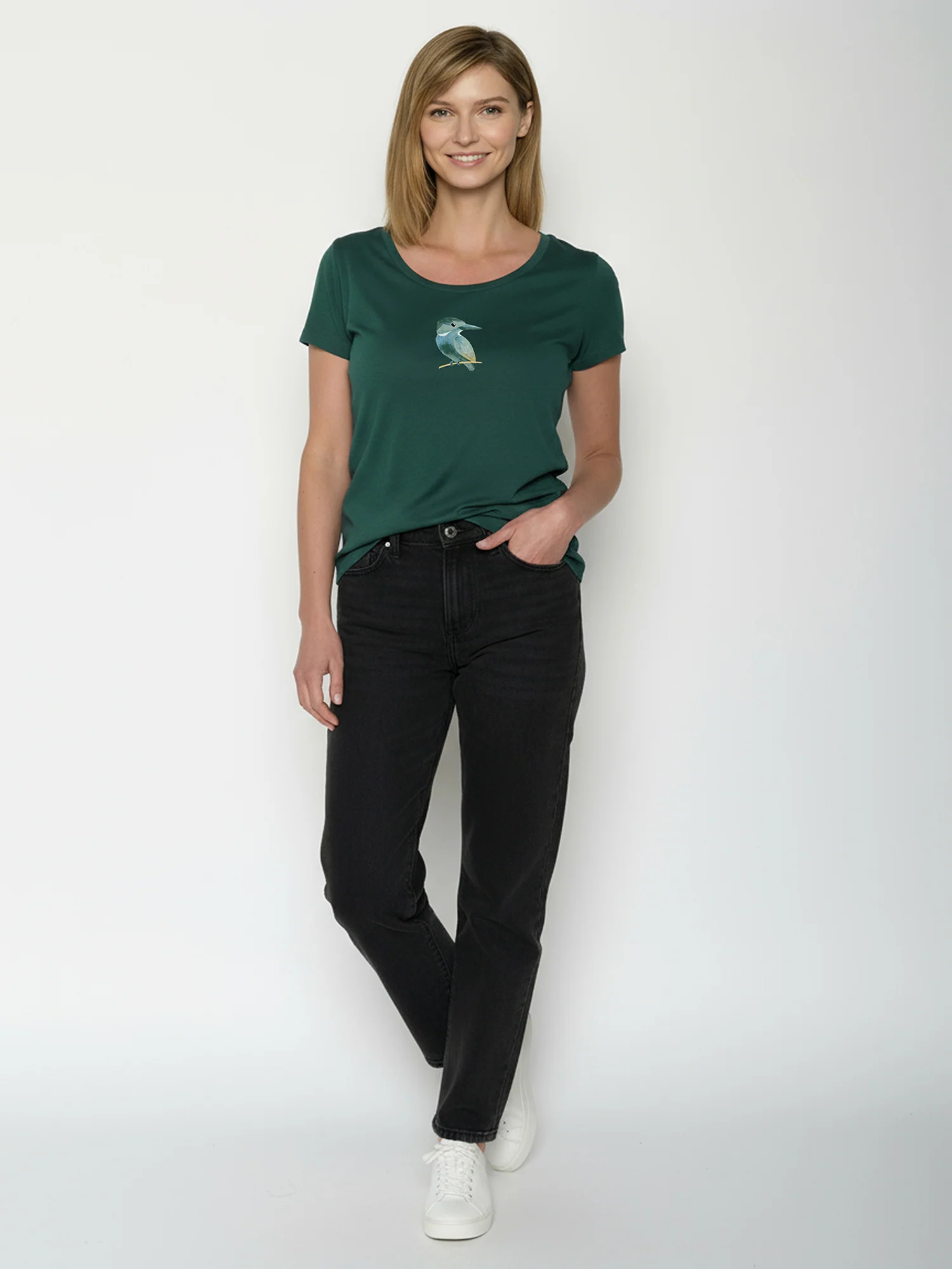 T-shirt femme à motifs oiseau en coton bio GOTS, vert pétrole, porté de dos