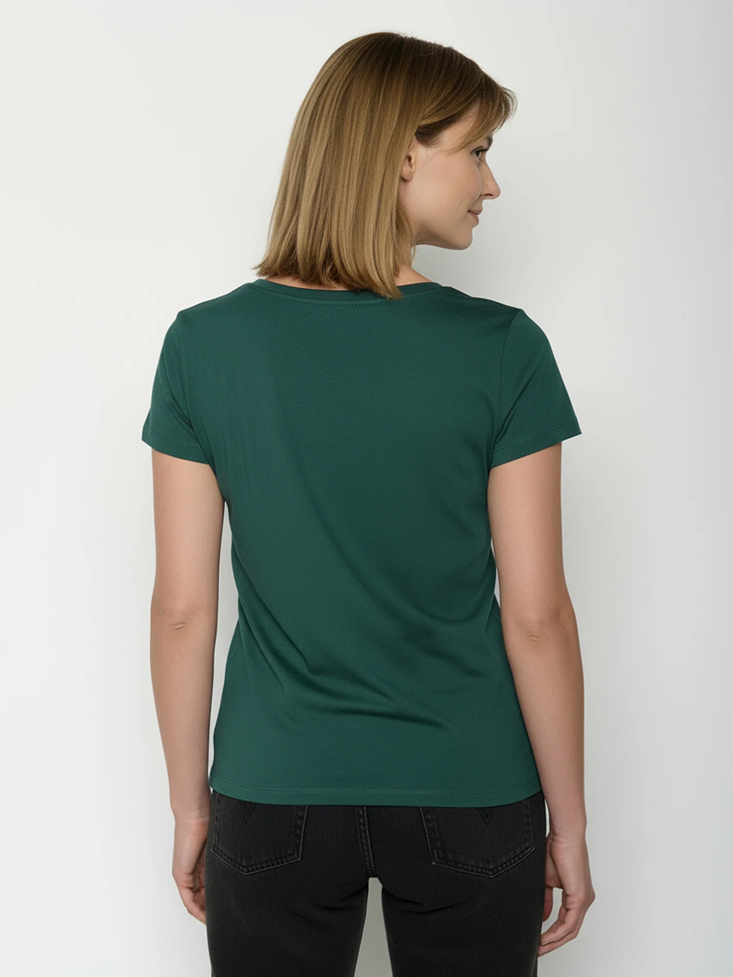 T-shirt femme à motifs oiseau en coton bio GOTS, vert pétrole, vue portée en pied