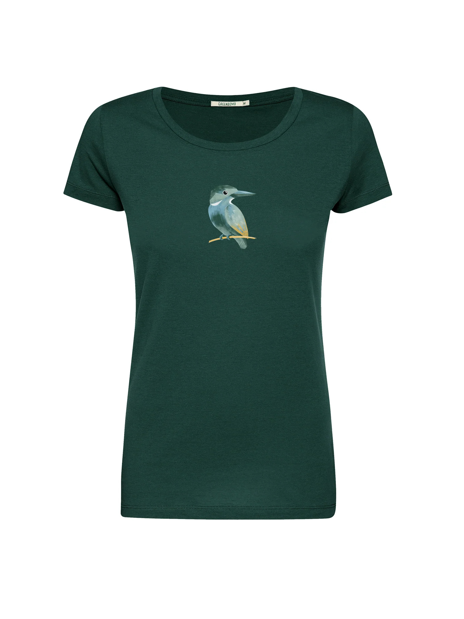 T-shirt femme à motifs oiseau en coton bio, vert pétrole, dans son emballage GREENBOMB