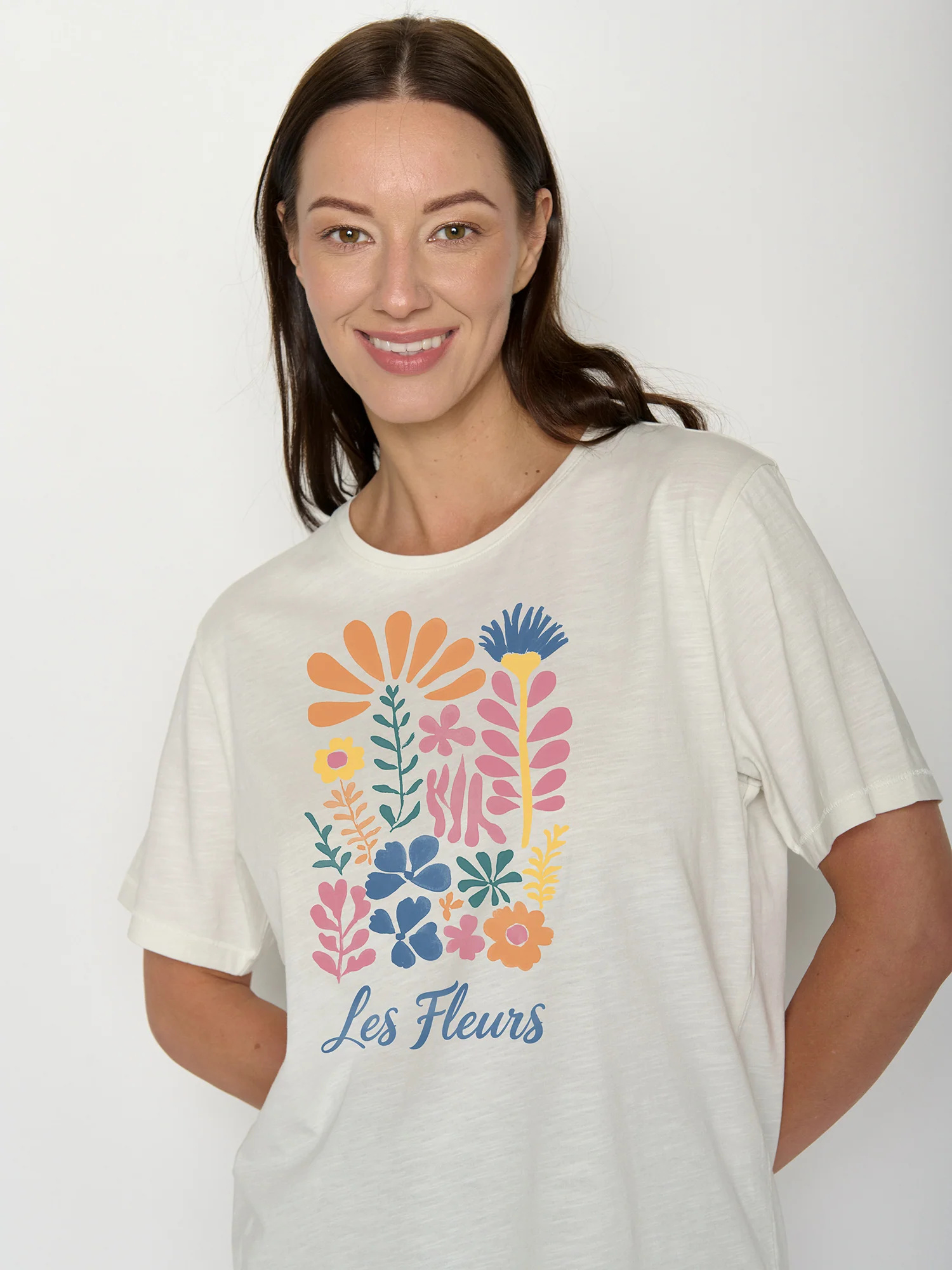 T-shirt femme à motifs fleurs en coton bio GOTS, pierre de lune, détail du motif