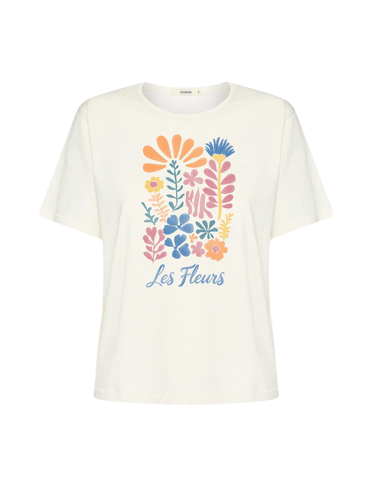T-shirt femme à motifs fleurs en coton bio, pierre de lune, dans son emballage GREENBOMB