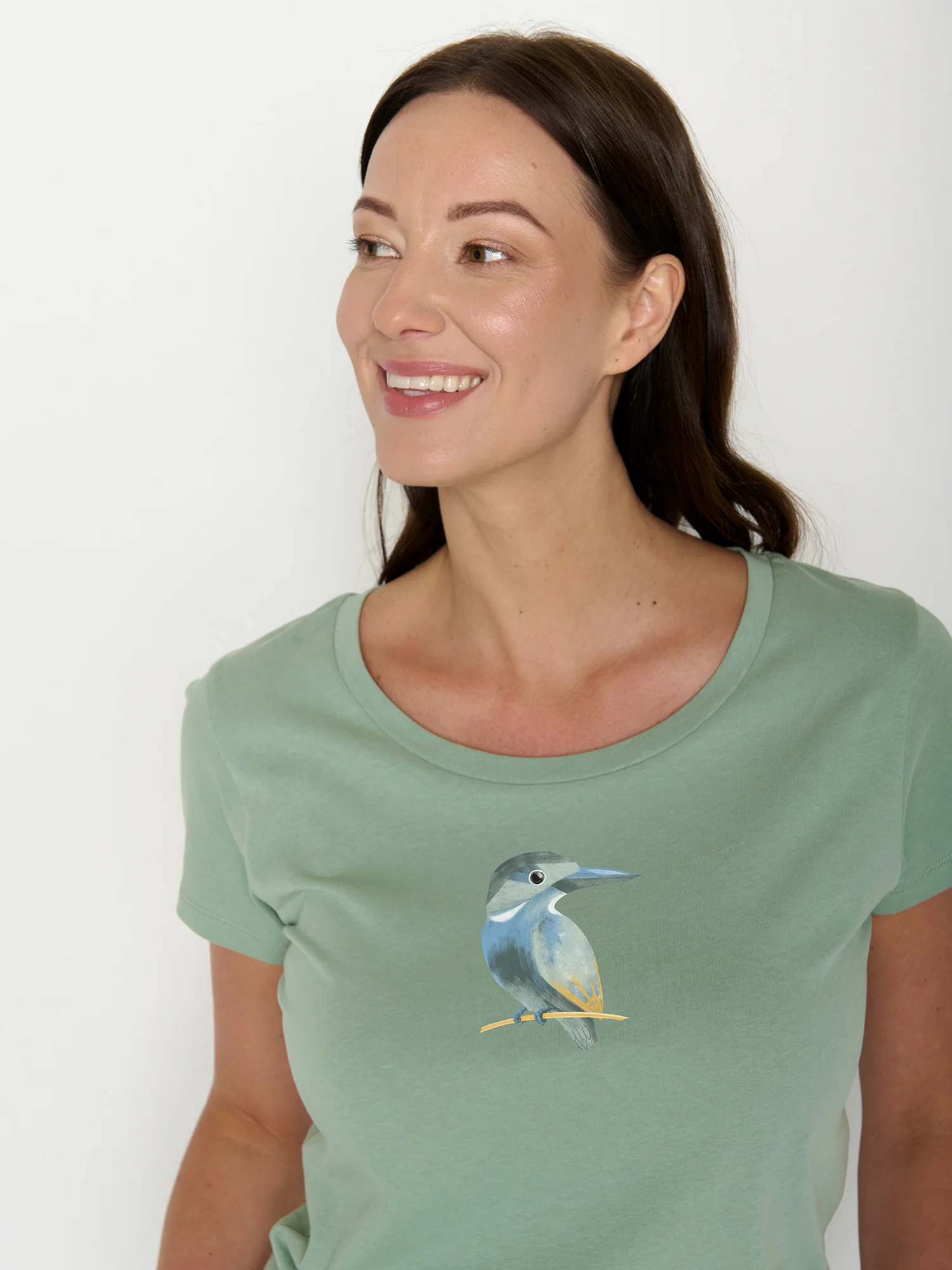 T-shirt femme à motifs oiseau en coton bio GOTS, vert pâle, détail du motif
