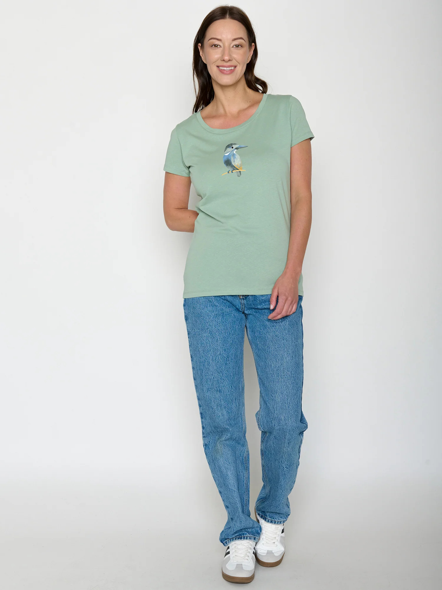 T-shirt femme à motifs oiseau en coton bio GOTS, vert pâle, porté de dos