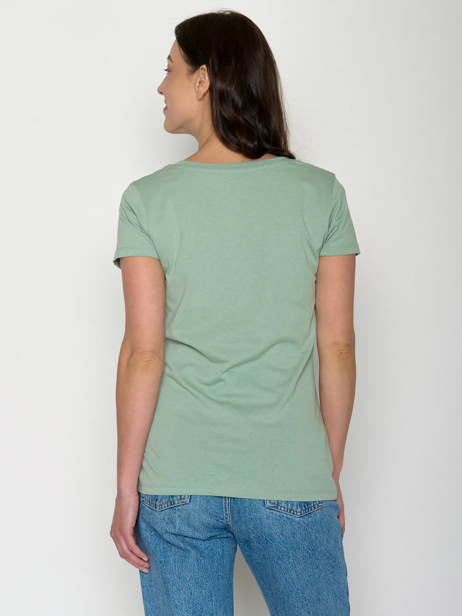 T-shirt femme à motifs oiseau en coton bio GOTS, vert pâle, vue portée en pied