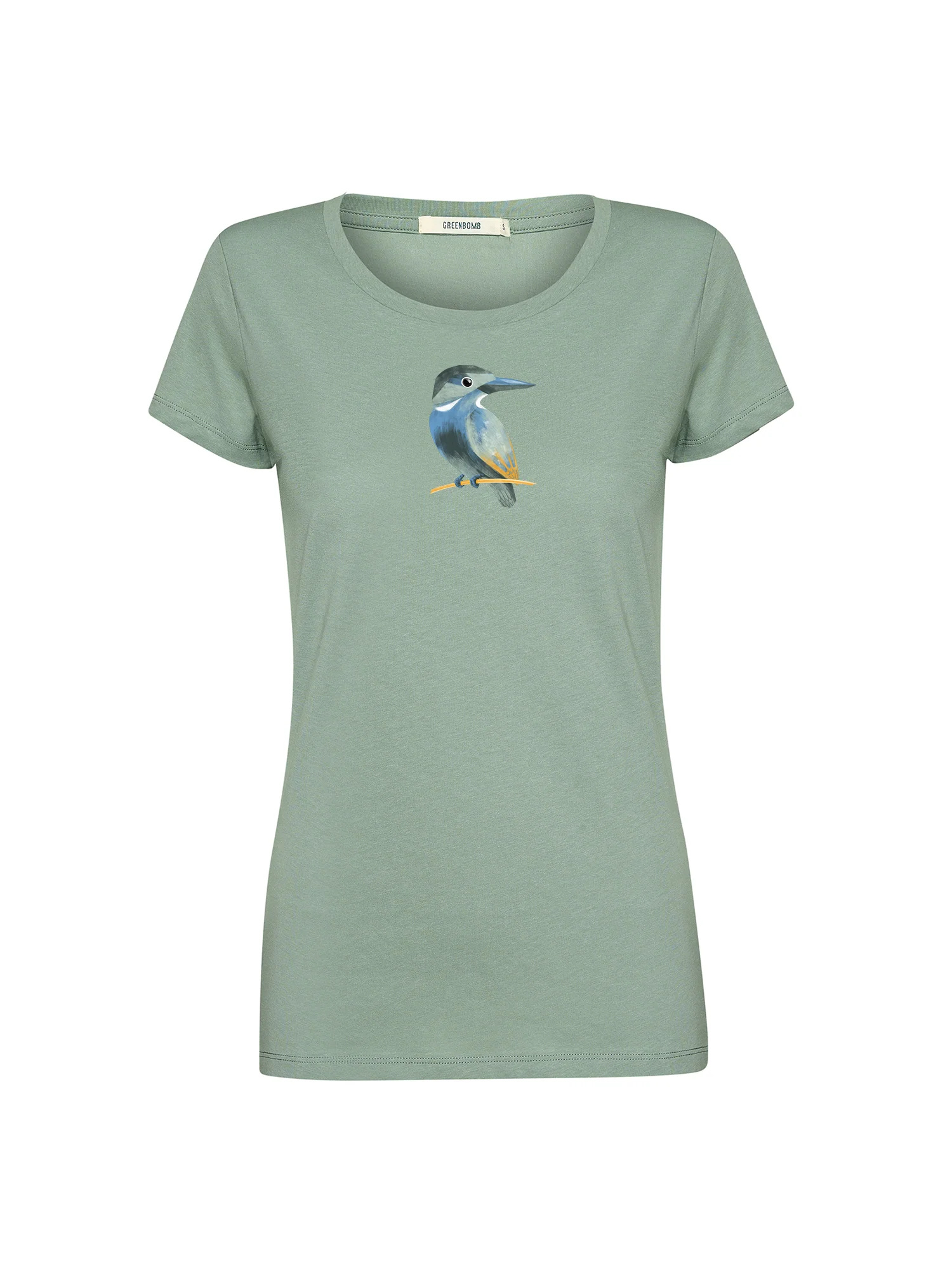 T-shirt femme à motifs oiseau en coton bio, vert pâle, dans son emballage GREENBOMB